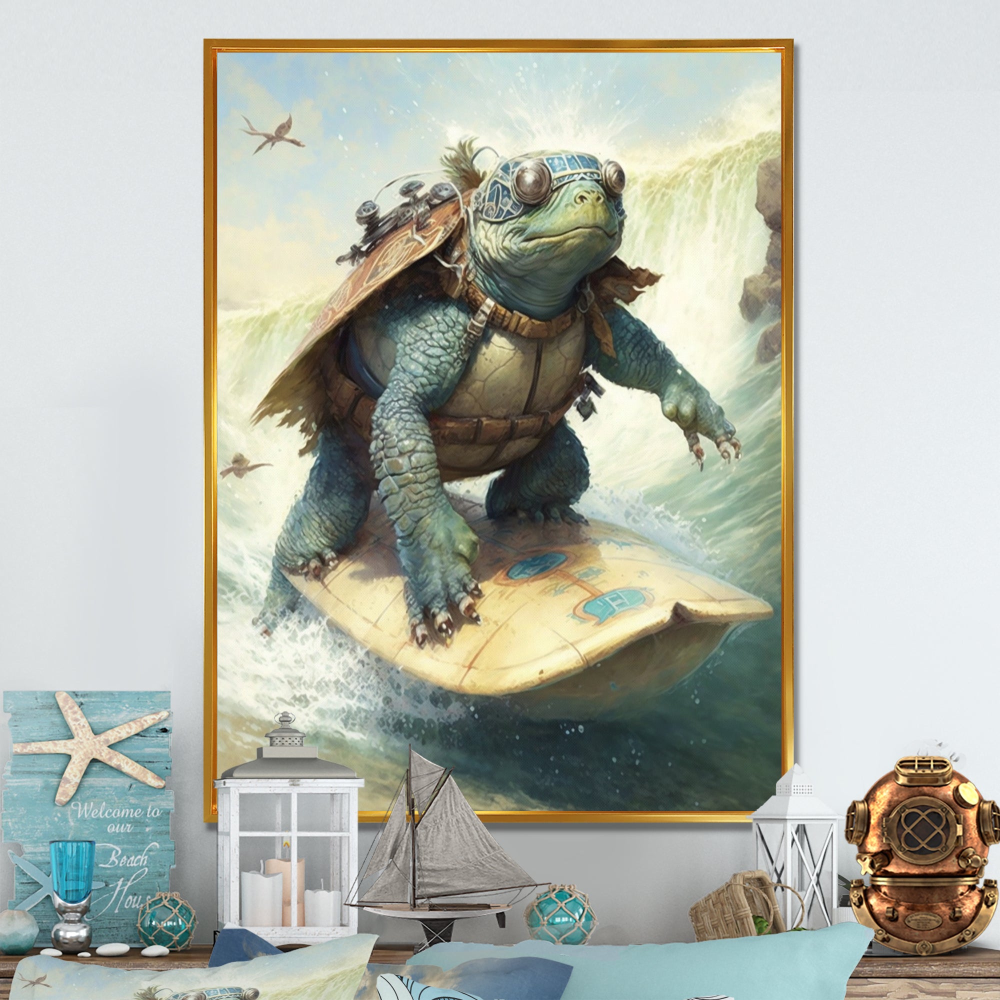 Turtle Surfing With Goggles - Green Turtle Wall Art