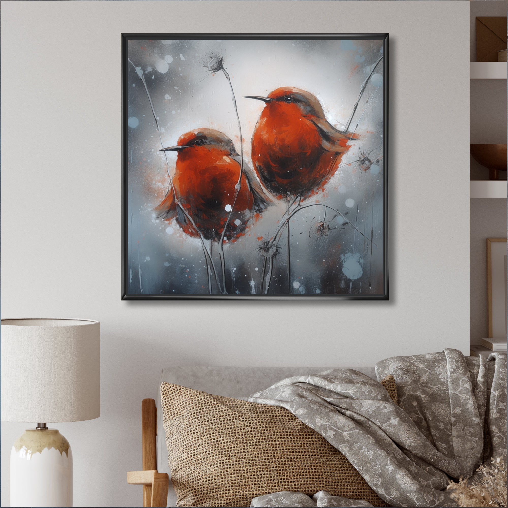 Two Red Birds Sitting On Branch - Bird Canvas Wall Art