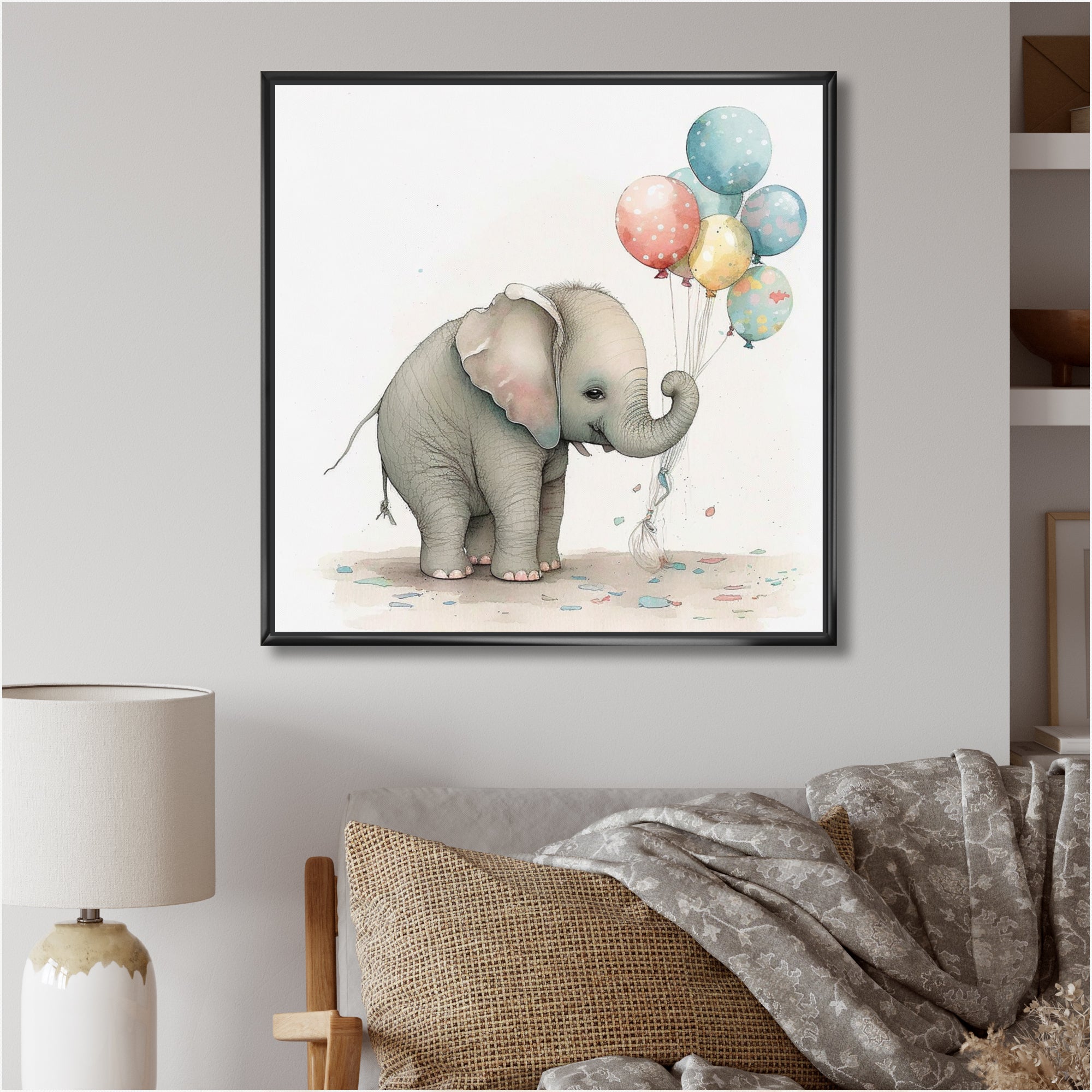 Grey Illustration Detailed Baby Elephant - Elephant Wall Decor