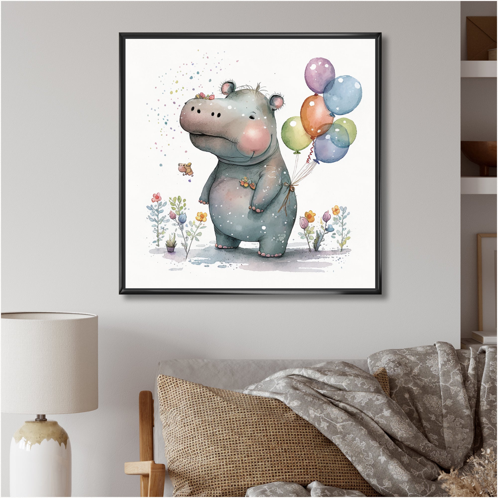 Grey Illustration Detailed Baby Hippo - Hippopotamus Wall Art Prints