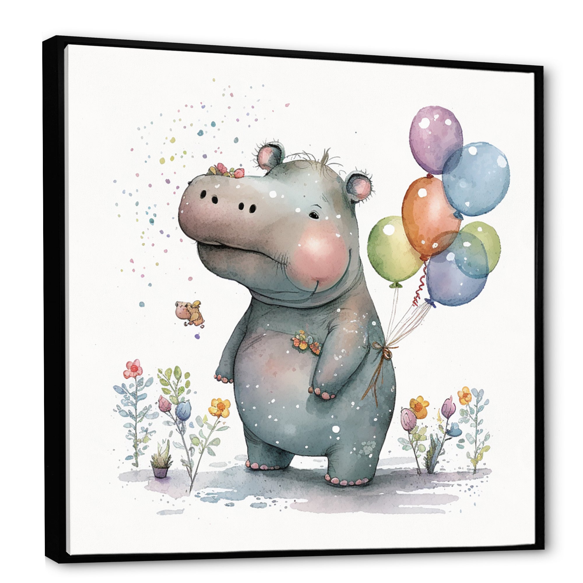 Grey Illustration Detailed Baby Hippo - Hippopotamus Wall Art Prints