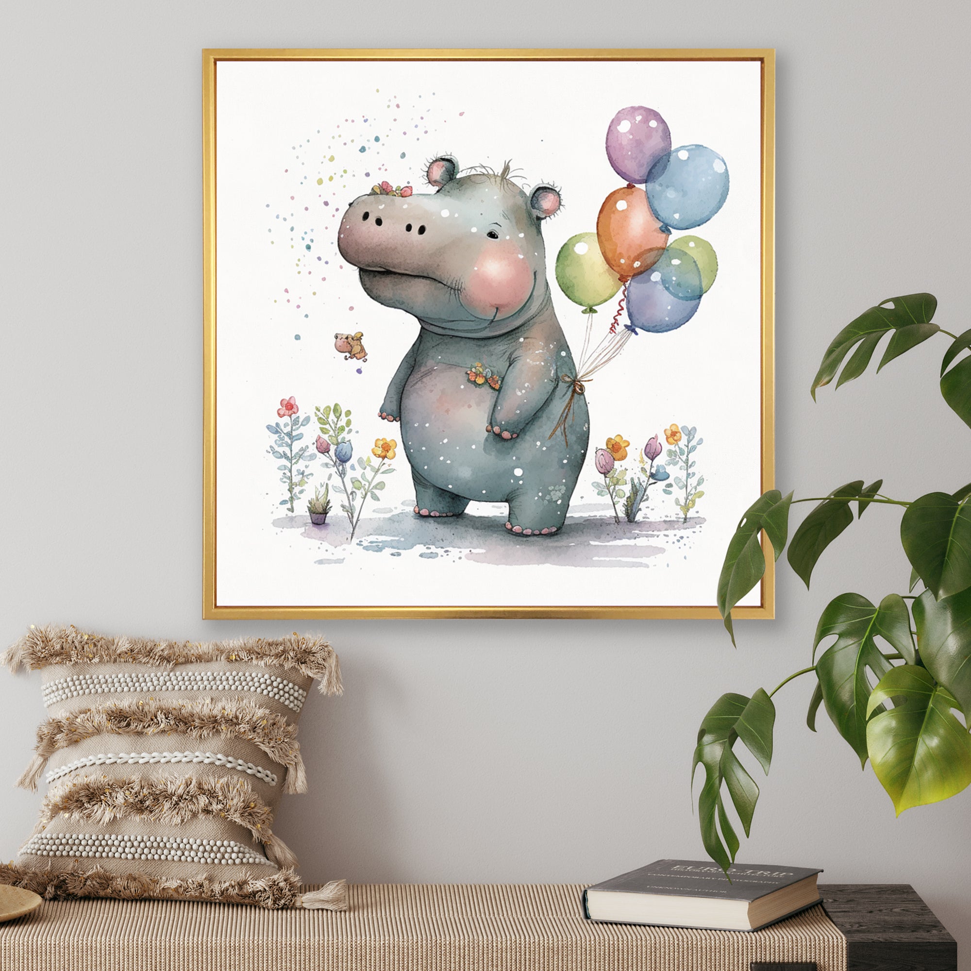Grey Illustration Detailed Baby Hippo - Hippopotamus Wall Art Prints