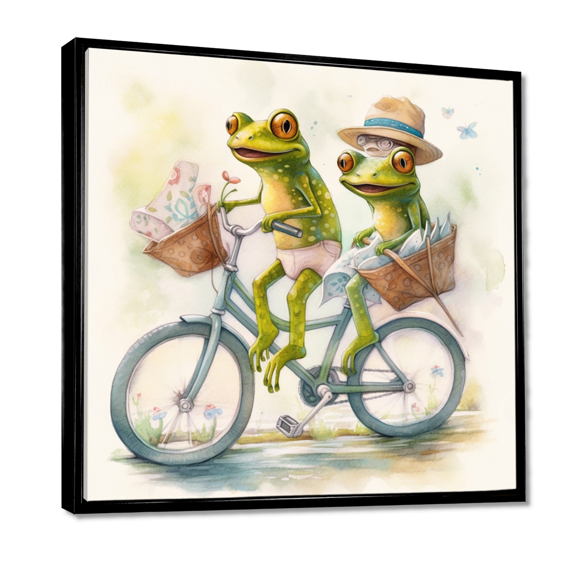 Green Frogs Riding A Bike - Frog Large Canvas Wall Art