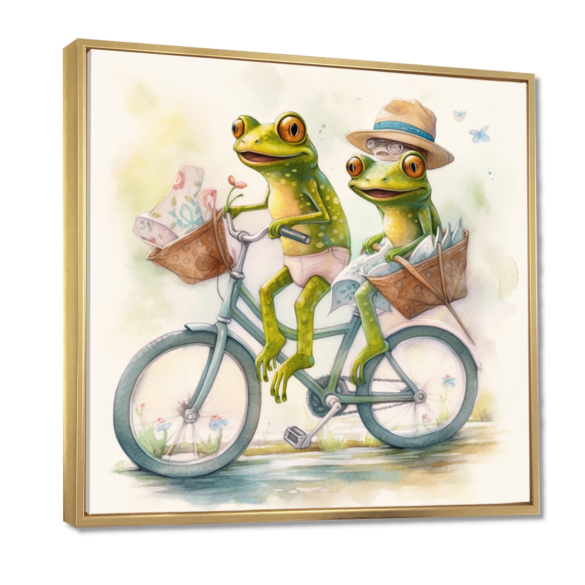 Green Frogs Riding A Bike - Frog Large Canvas Wall Art