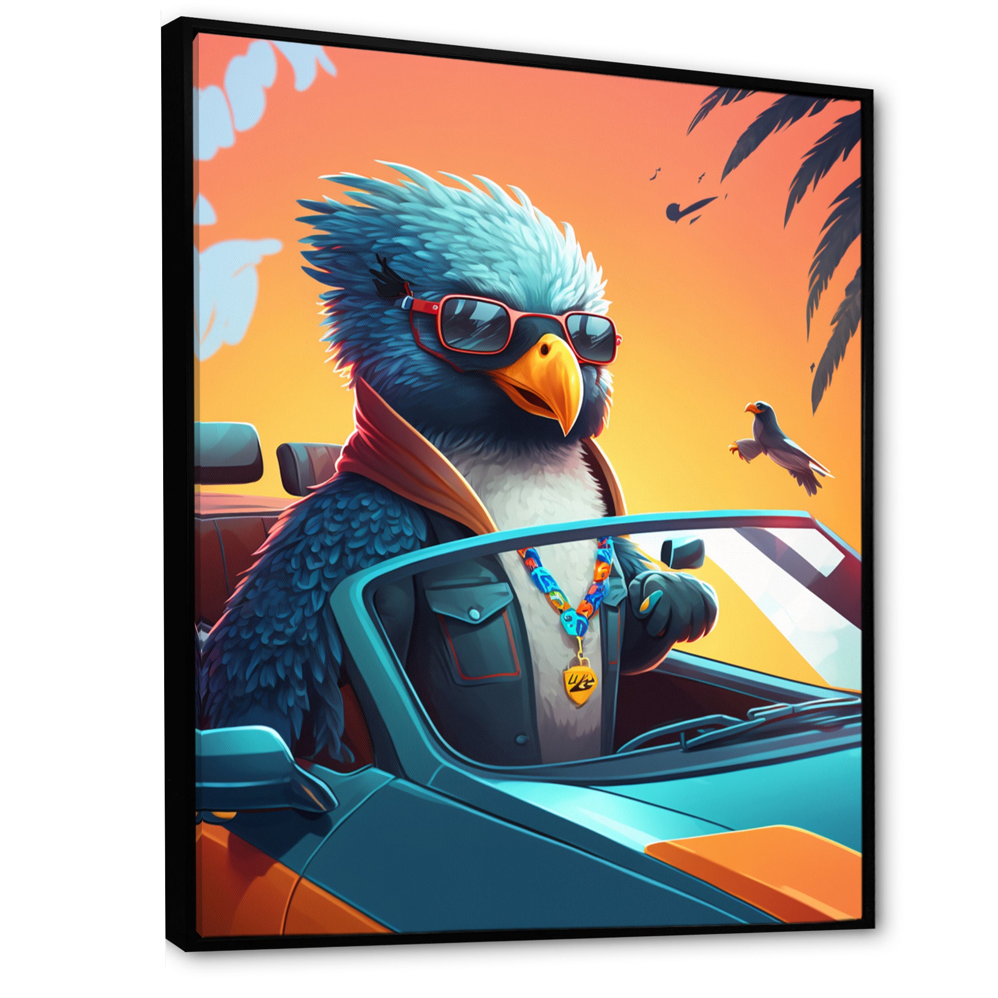 Blue Bird Wearing Sunglasses In Sportscar - Bird Fashion Home Decor Art