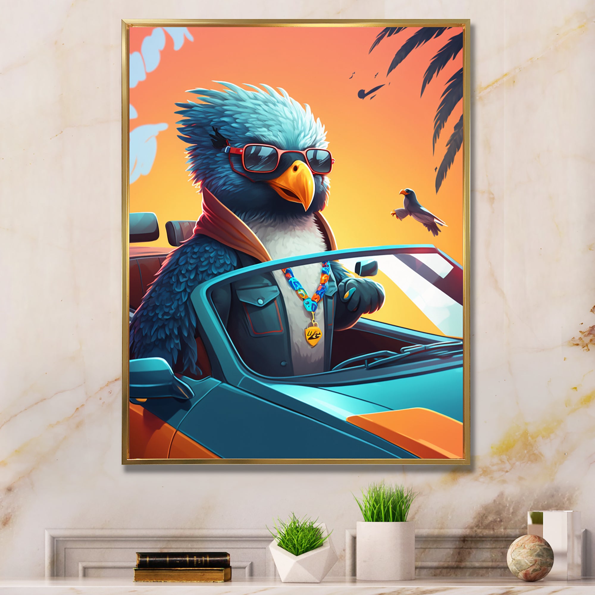 Blue Bird Wearing Sunglasses In Sportscar - Bird Fashion Home Decor Art