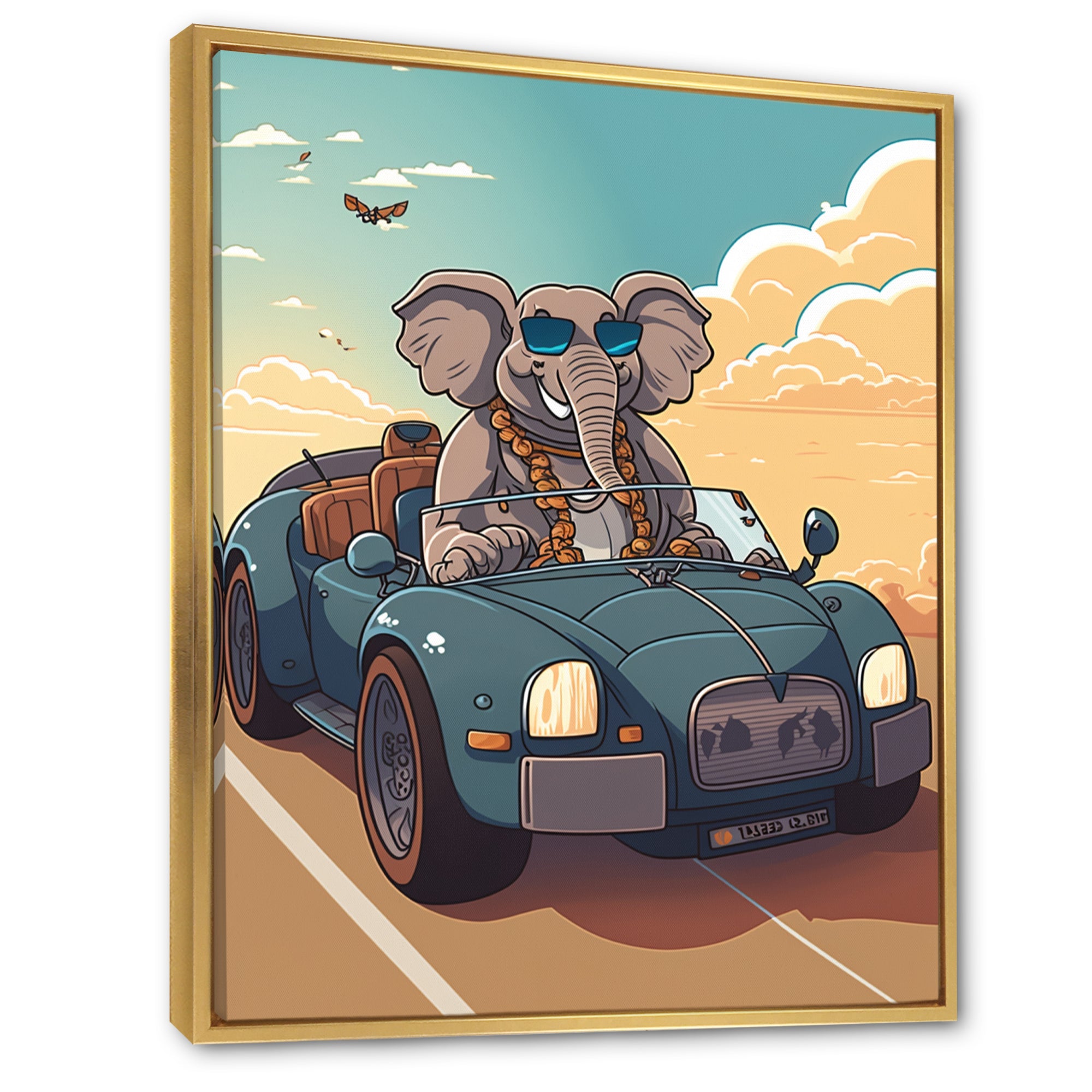 Grey Elephant Wearing Sunglasses in Sportscar - Elephant Fashion Living Room Wall Art