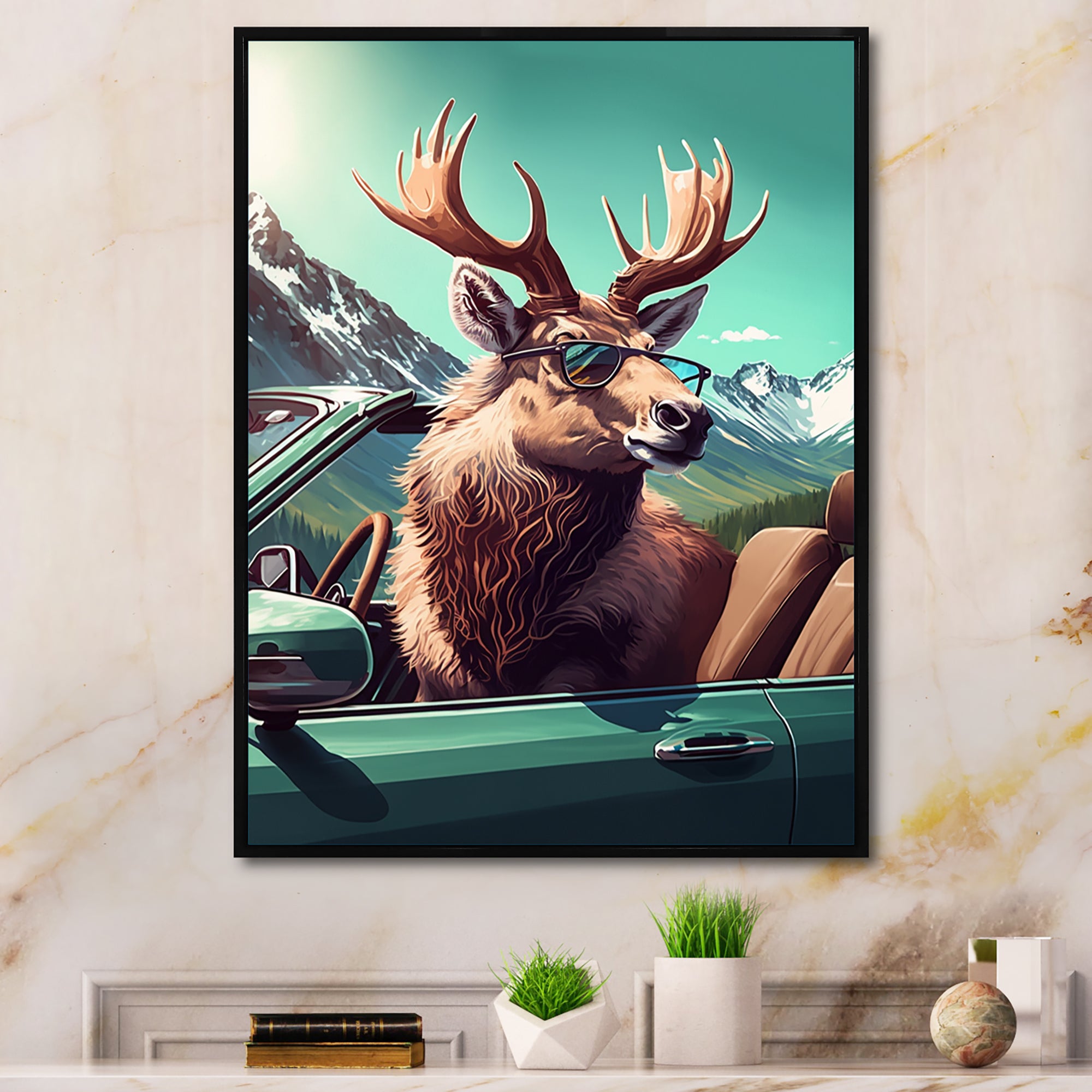 Brown Elk Wearing Sunglasses In Sportscar - Deer Bedroom Wall Art