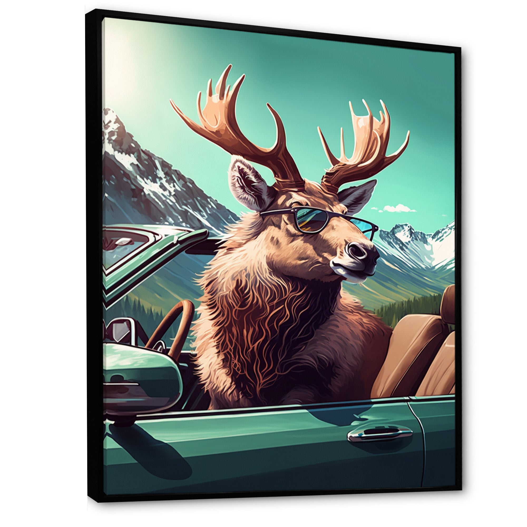Brown Elk Wearing Sunglasses In Sportscar - Deer Bedroom Wall Art