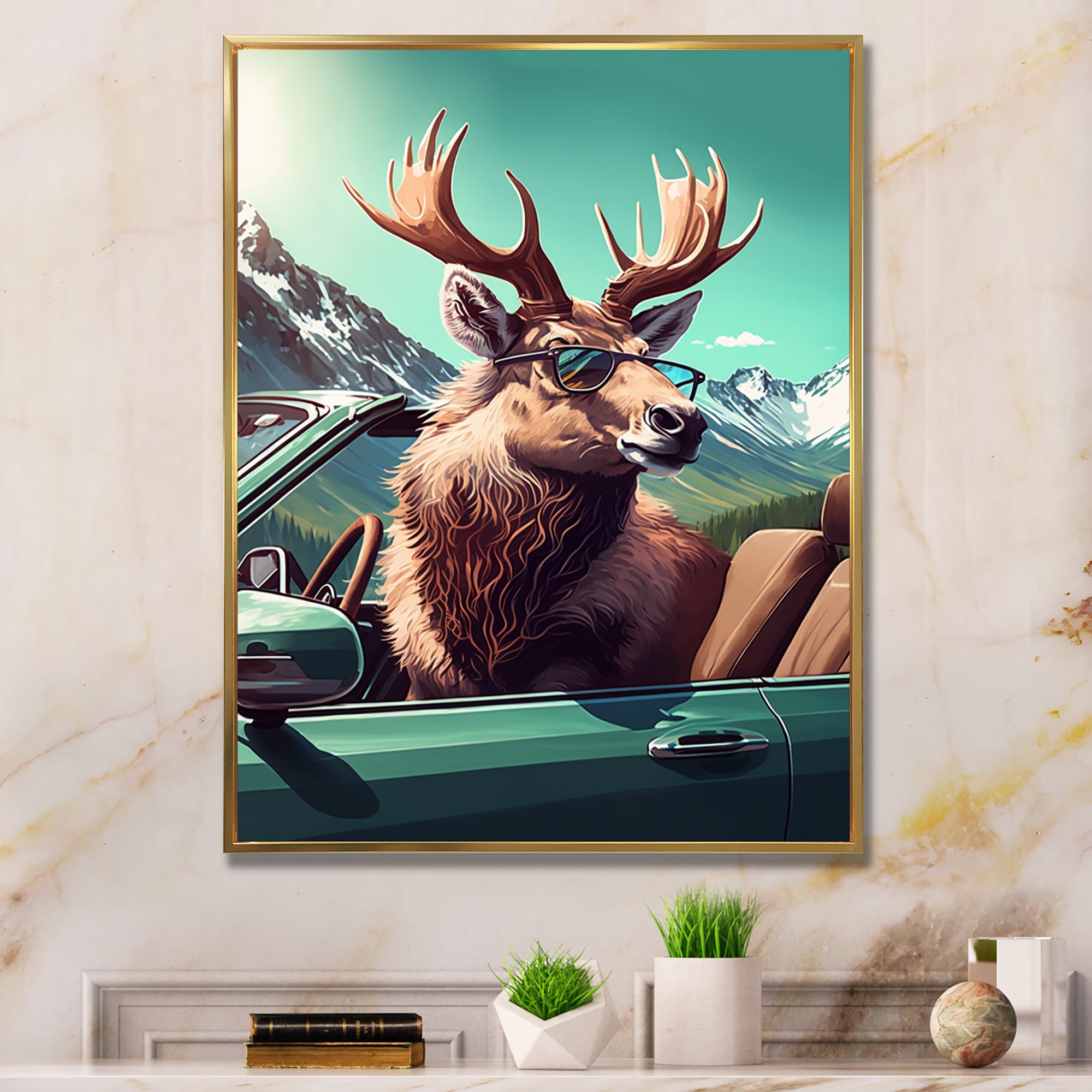 Brown Elk Wearing Sunglasses In Sportscar - Deer Bedroom Wall Art