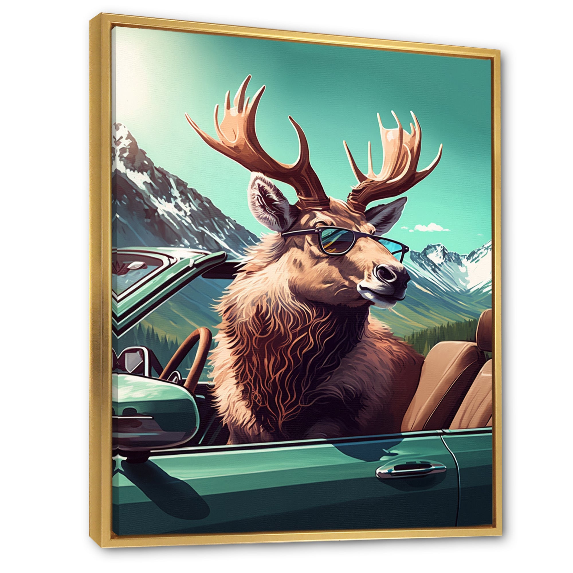 Brown Elk Wearing Sunglasses In Sportscar - Deer Bedroom Wall Art