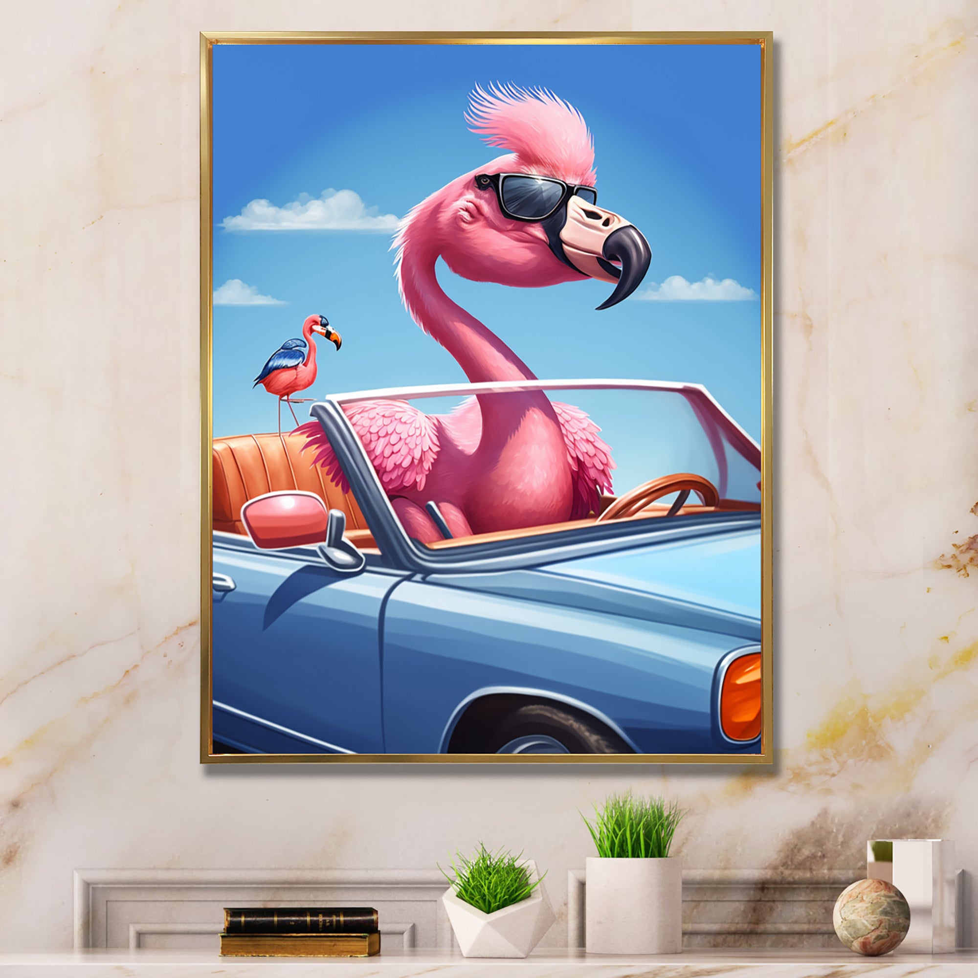 Pink Flamingo Wearing Sunglasses In Sportscar - Flamingo Canvas Wall Art