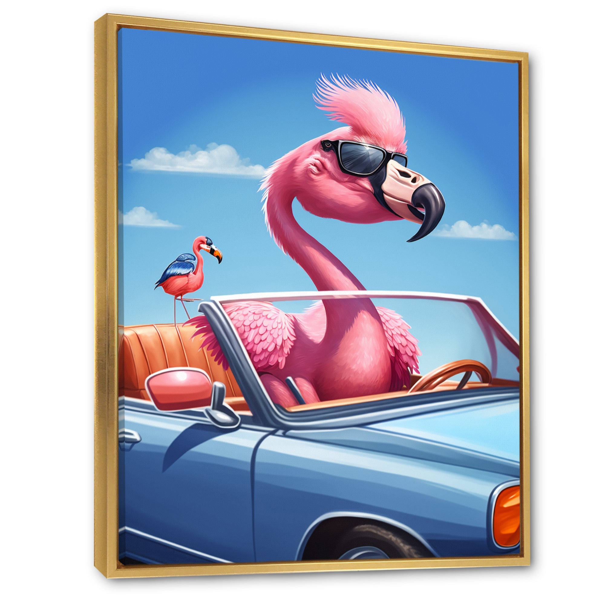 Pink Flamingo Wearing Sunglasses In Sportscar - Flamingo Canvas Wall Art