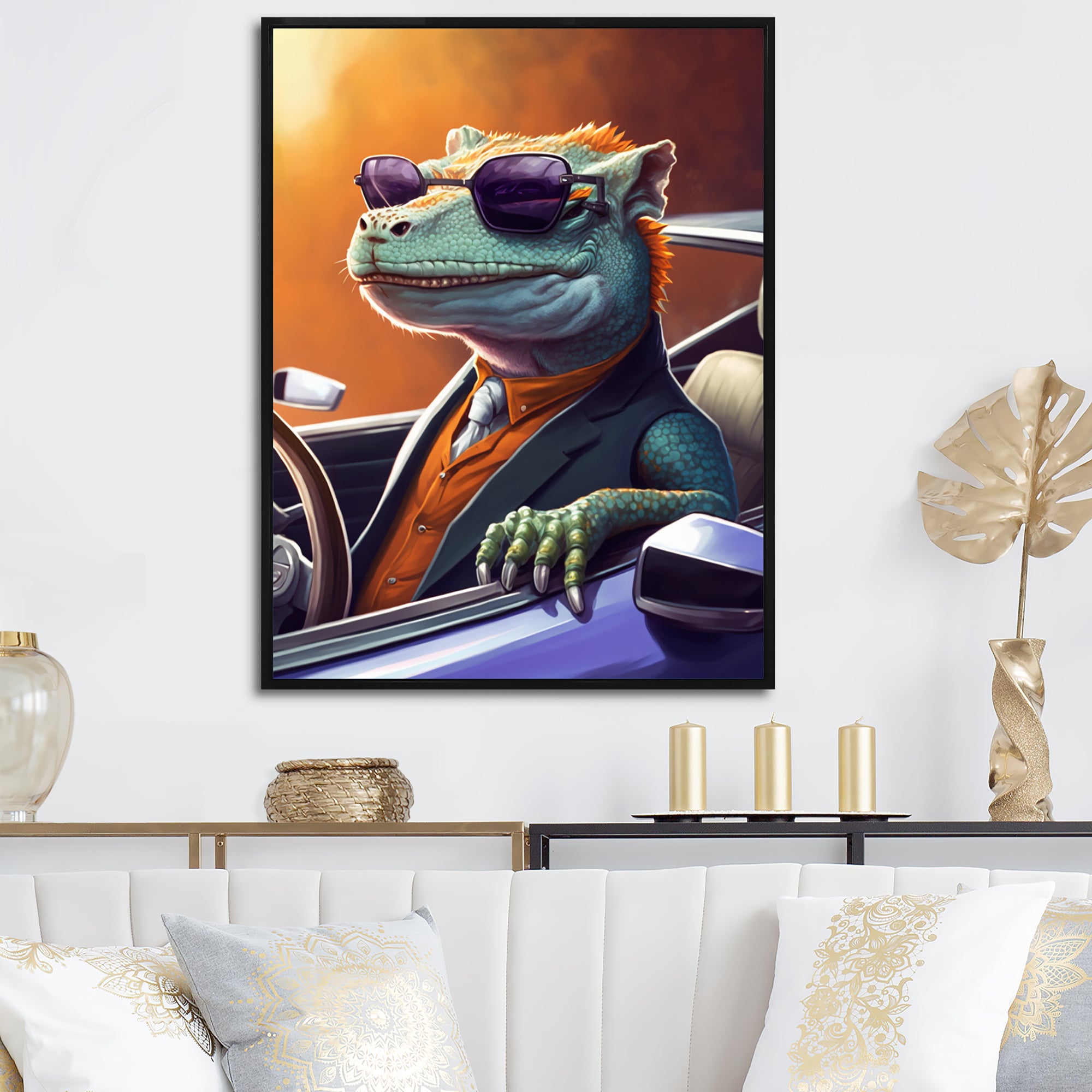 Green Lizard Wearing Sunglasses In Sportscar - Lizard Canvas Wall Art