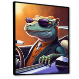 Green Lizard Wearing Sunglasses In Sportscar - Lizard Canvas Wall Art