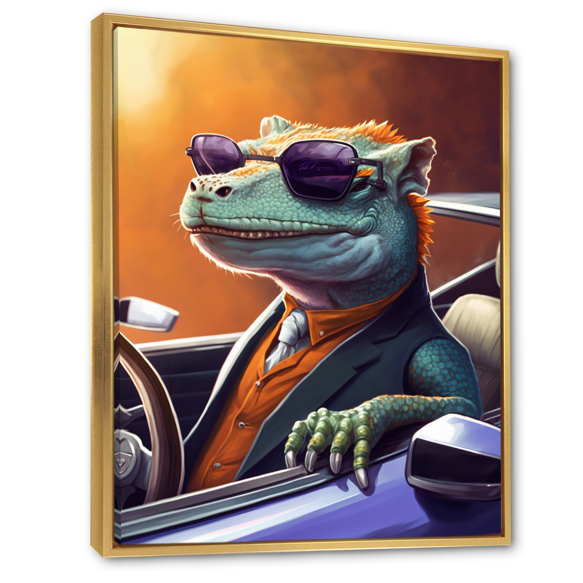 Green Lizard Wearing Sunglasses In Sportscar - Lizard Canvas Wall Art
