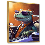 Green Lizard Wearing Sunglasses In Sportscar - Lizard Canvas Wall Art