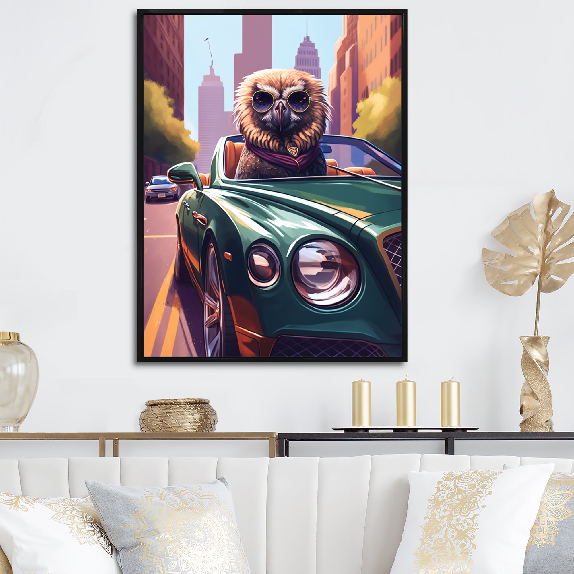 Brown Bird Wearing Sunglasses In Sportscar - Bird Fashion Wall Art Prints