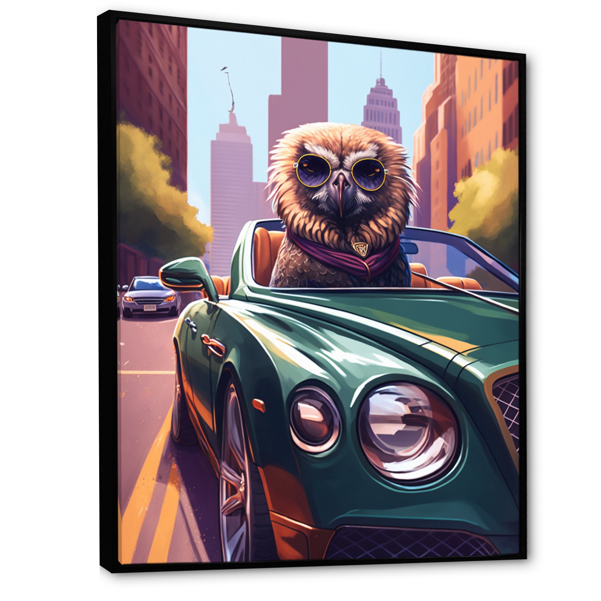 Brown Bird Wearing Sunglasses In Sportscar - Bird Fashion Wall Art Prints
