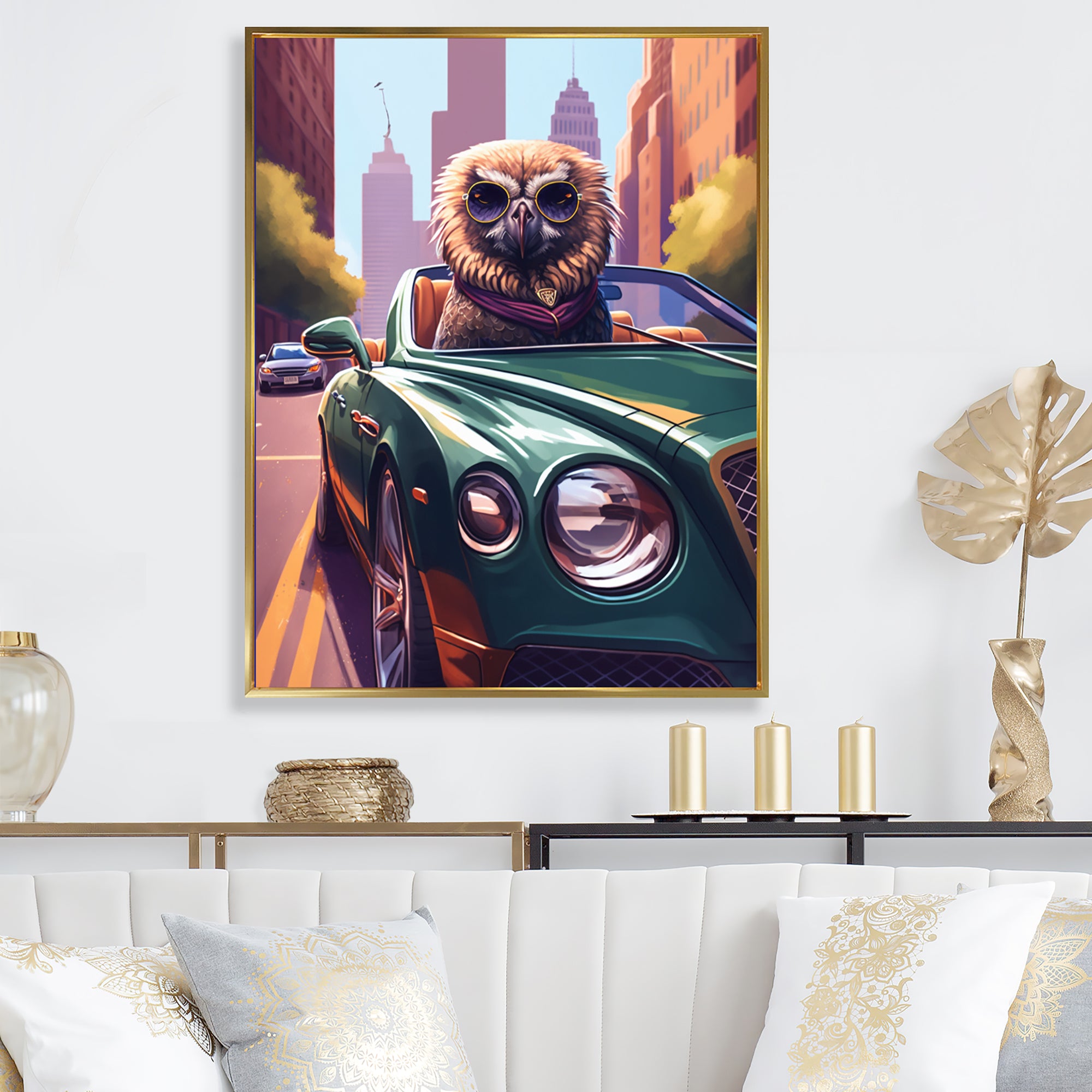 Brown Bird Wearing Sunglasses In Sportscar - Bird Fashion Wall Art Prints