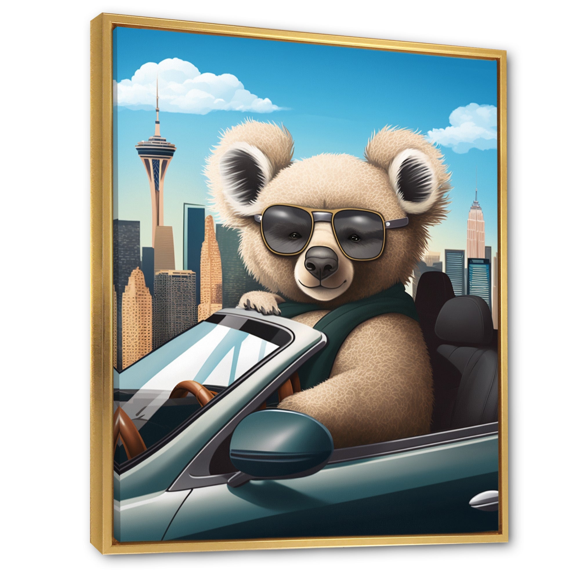 Grey Koala Wearing Sunglasses In Sportscar - Gray Koala Wall Art