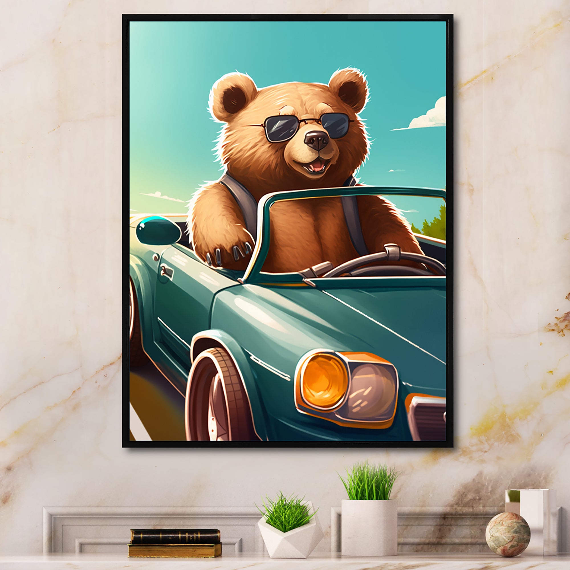 Brown Bear Wearing Sunglasses In Sportscar - Bear Fashion Framed Canvas Art