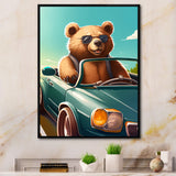 Brown Bear Wearing Sunglasses In Sportscar - Bear Fashion Framed Canvas Art