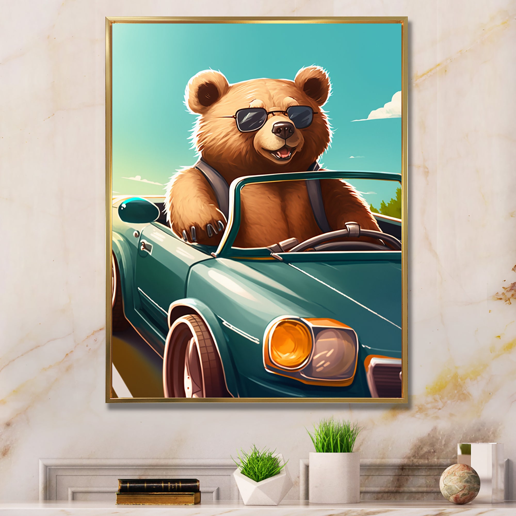 Brown Bear Wearing Sunglasses In Sportscar - Bear Fashion Framed Canvas Art