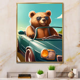 Brown Bear Wearing Sunglasses In Sportscar - Bear Fashion Framed Canvas Art