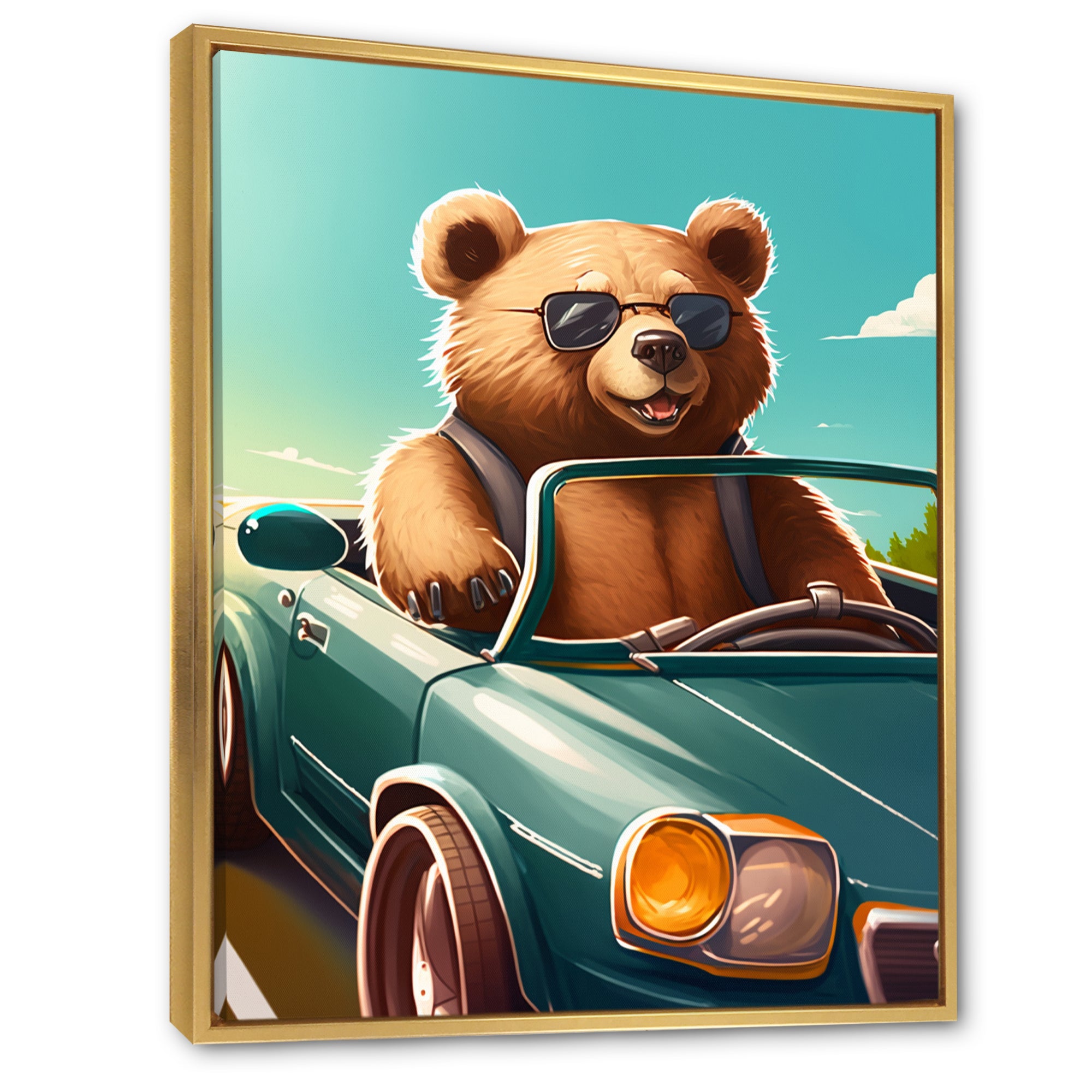 Brown Bear Wearing Sunglasses In Sportscar - Bear Fashion Framed Canvas Art