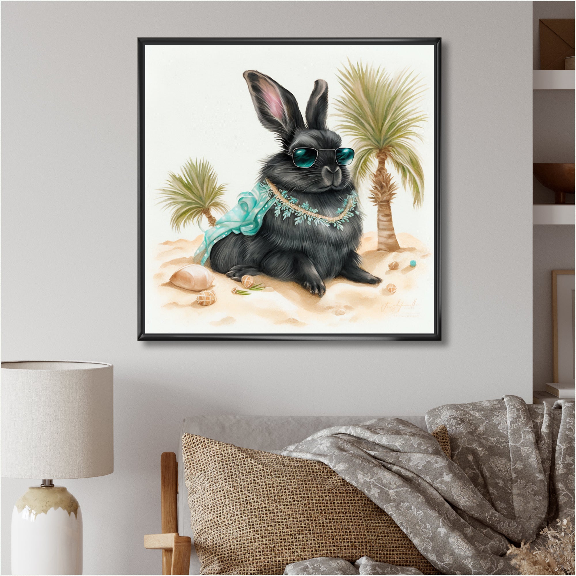 Bunny Sitting On The Beach - Rabbit Living Room Wall Art