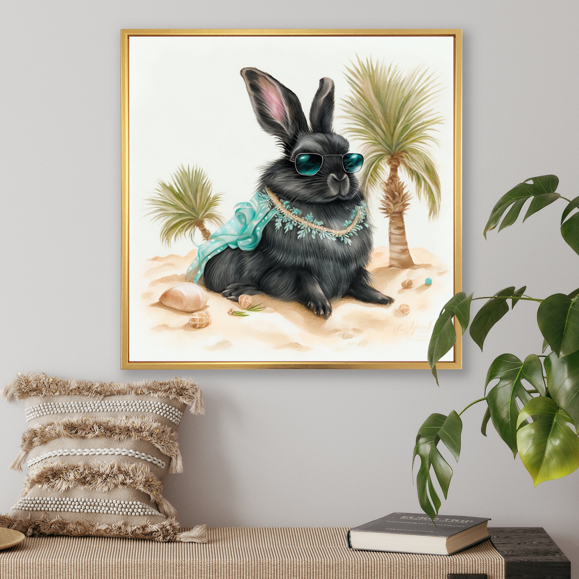 Bunny Sitting On The Beach - Rabbit Living Room Wall Art