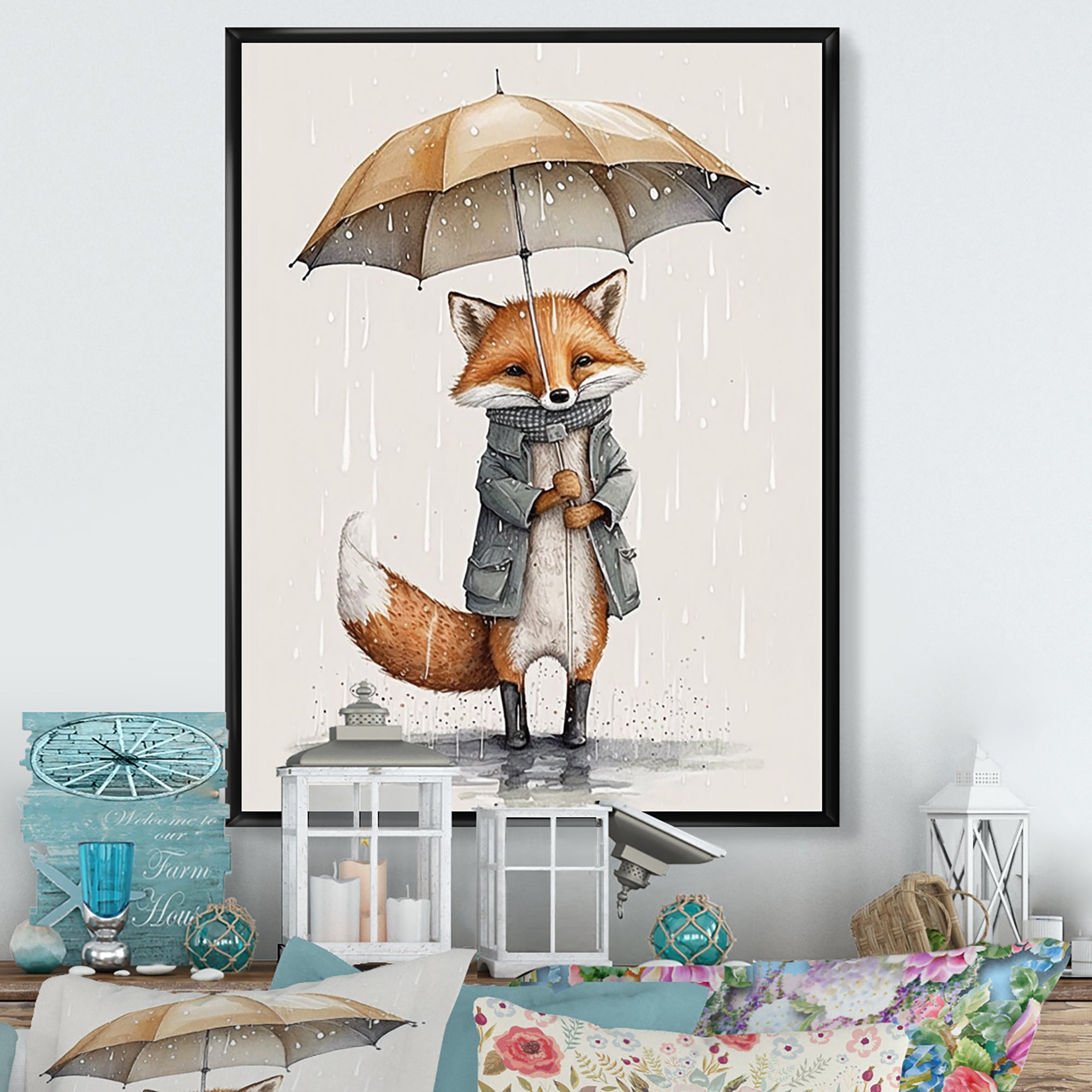 Cute Fox With Umbrella Rainy Day - Fox Wall Decor