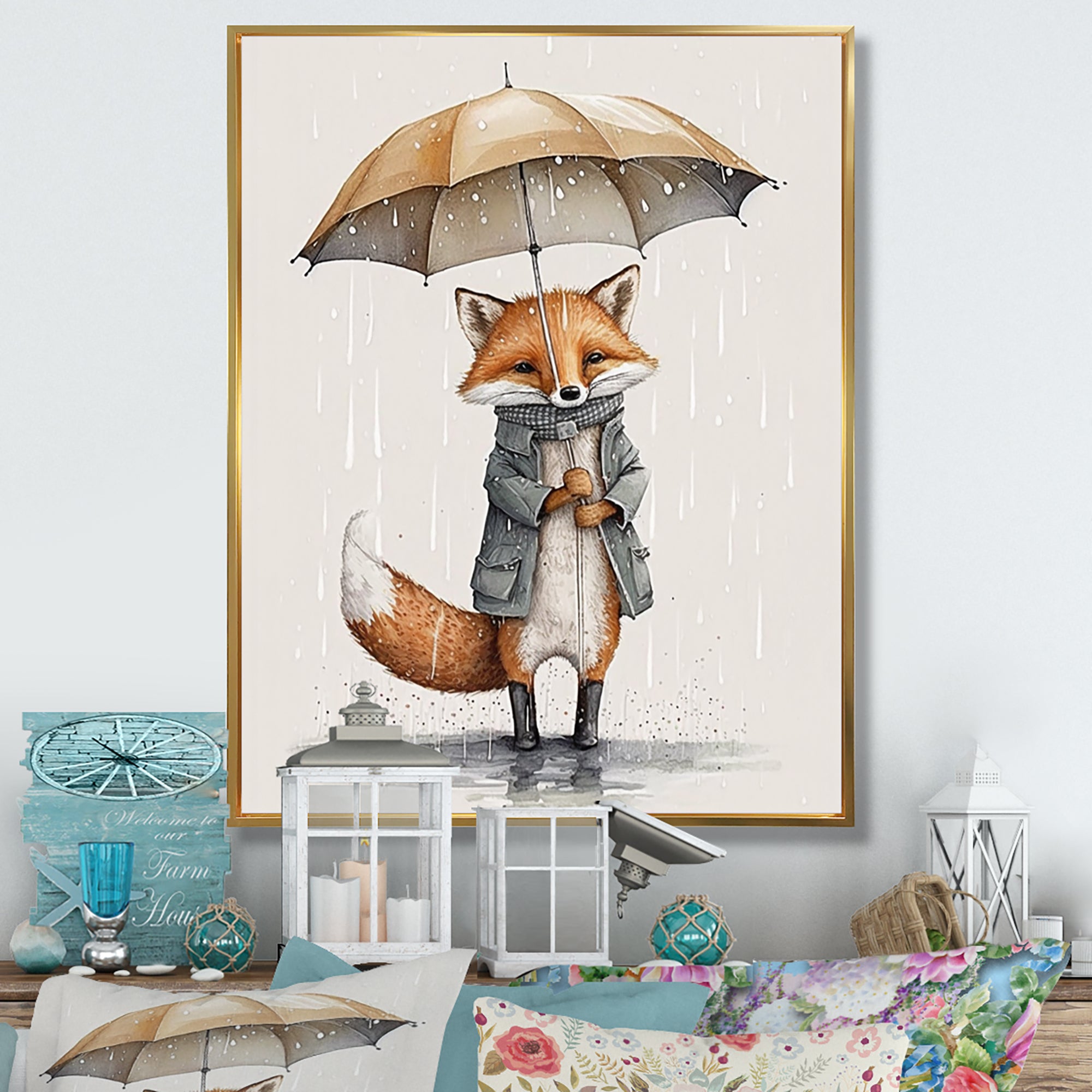 Cute Fox With Umbrella Rainy Day - Fox Wall Decor