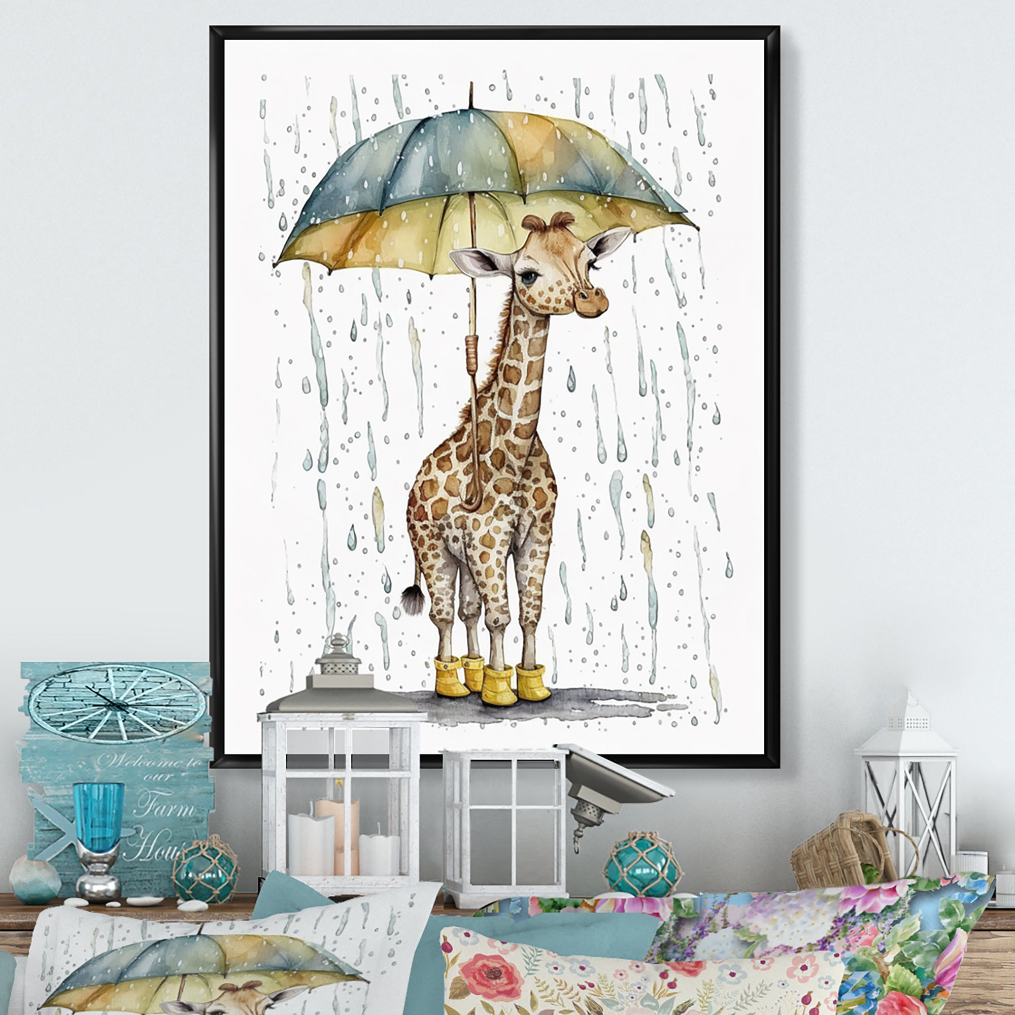 Cute Giraffe With Umbrella Rainy Day - Giraffe Wall Art Prints