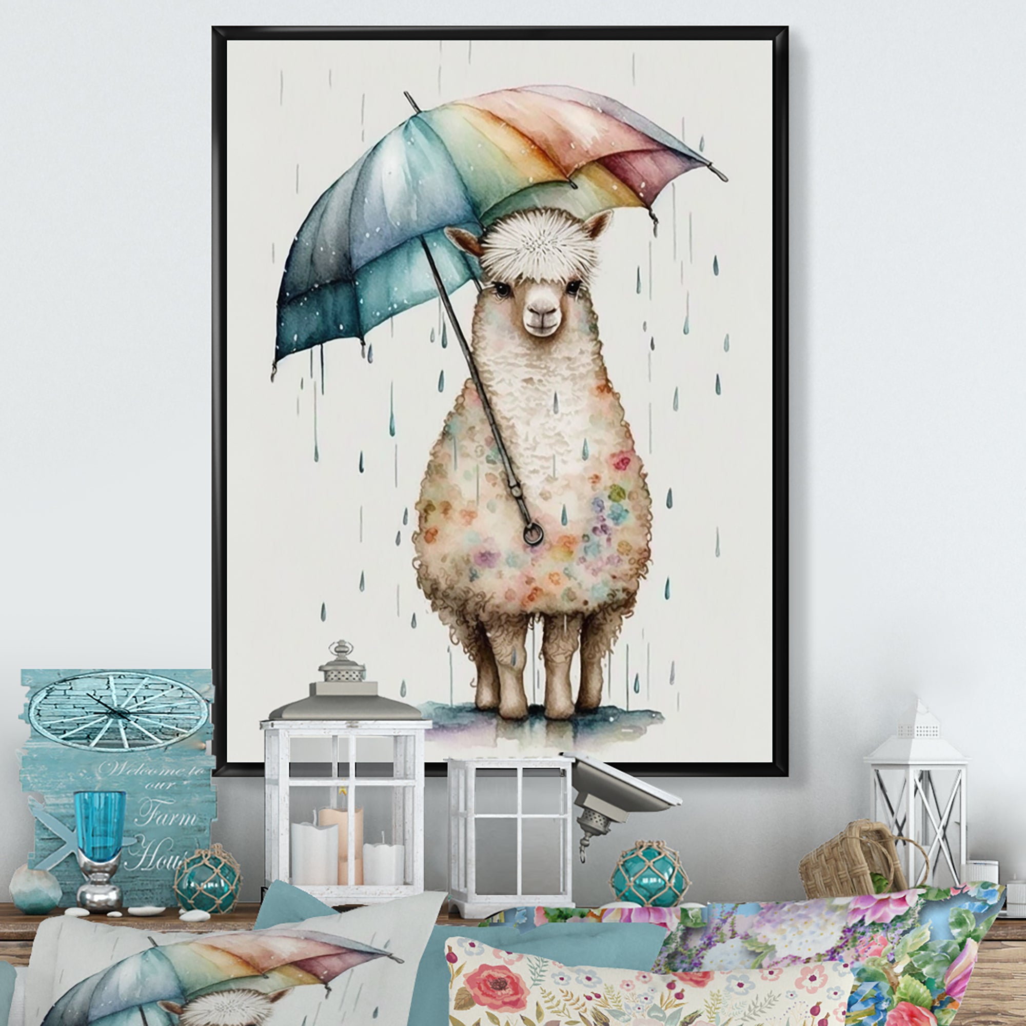 Cute Llama With Umbrella Rainy Day - Llama Wall Art Prints
