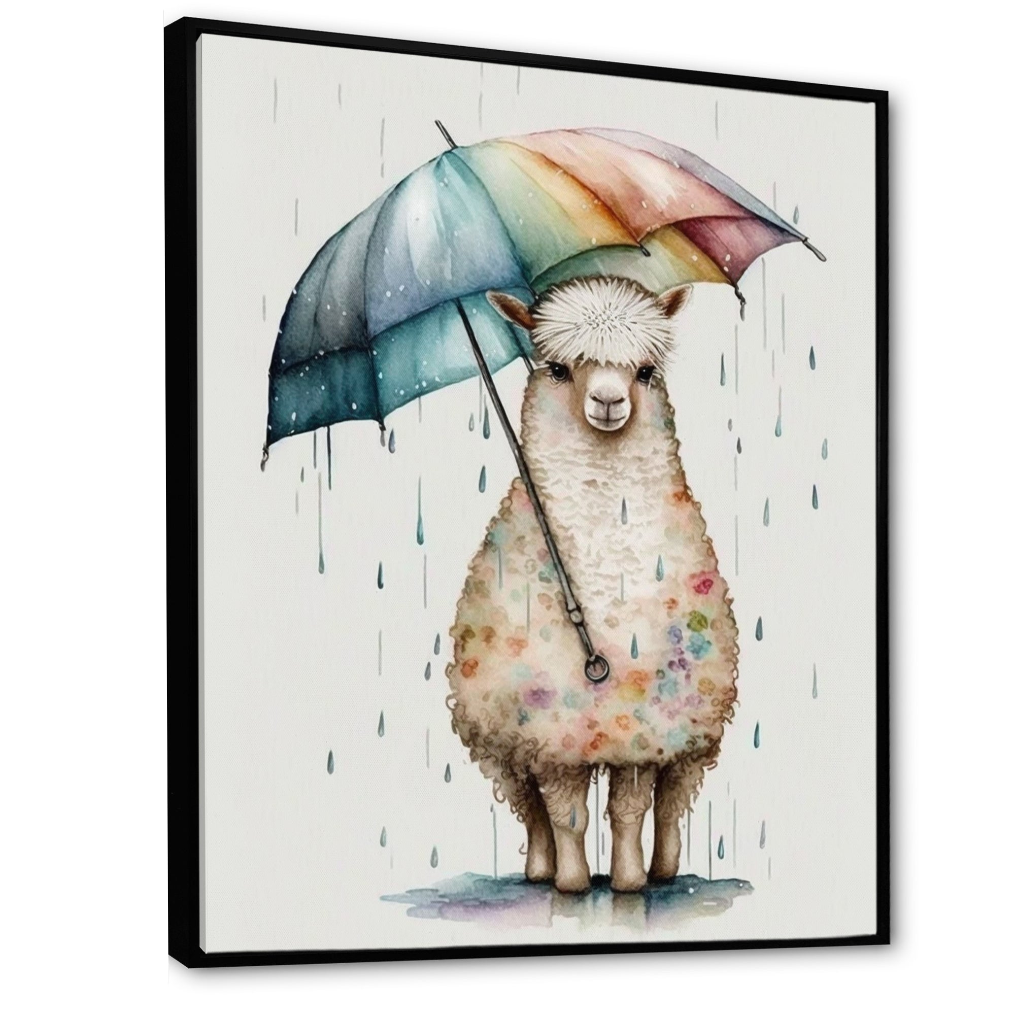 Cute Llama With Umbrella Rainy Day - Llama Wall Art Prints