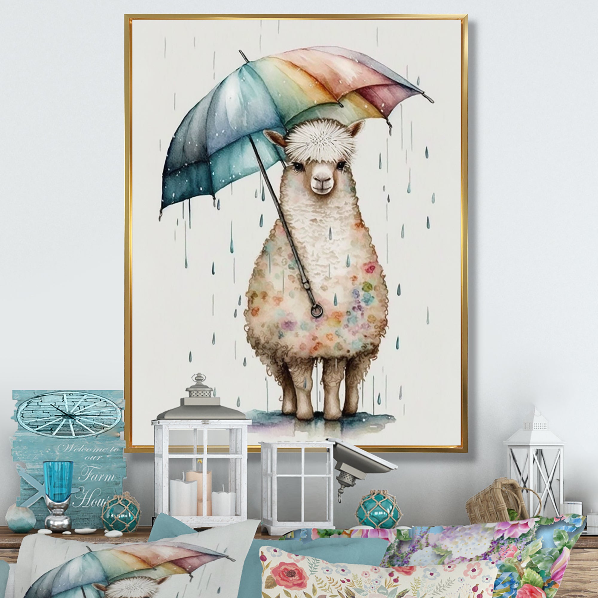 Cute Llama With Umbrella Rainy Day - Llama Wall Art Prints