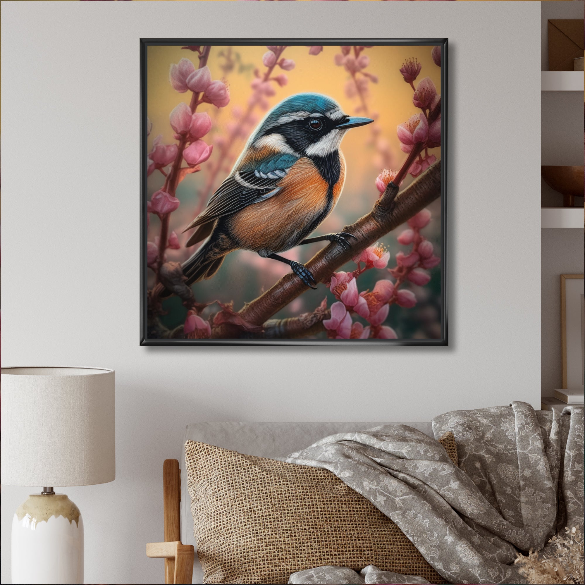 Blue Bird On A Branch - Bird Floral Framed Canvas Art
