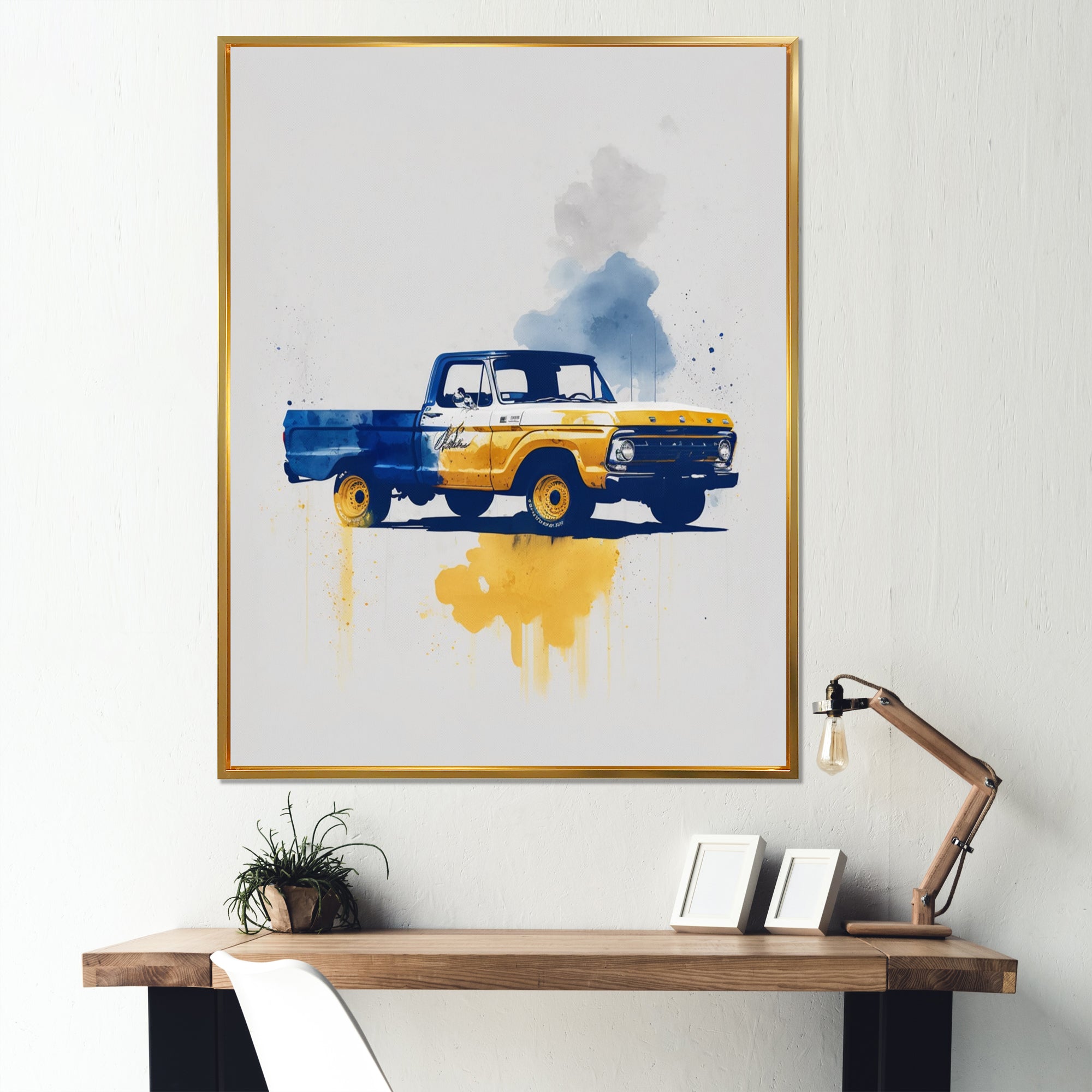 Blue And Yellow Retro Car Treasures - Pickup Truck Canvas Wall Art