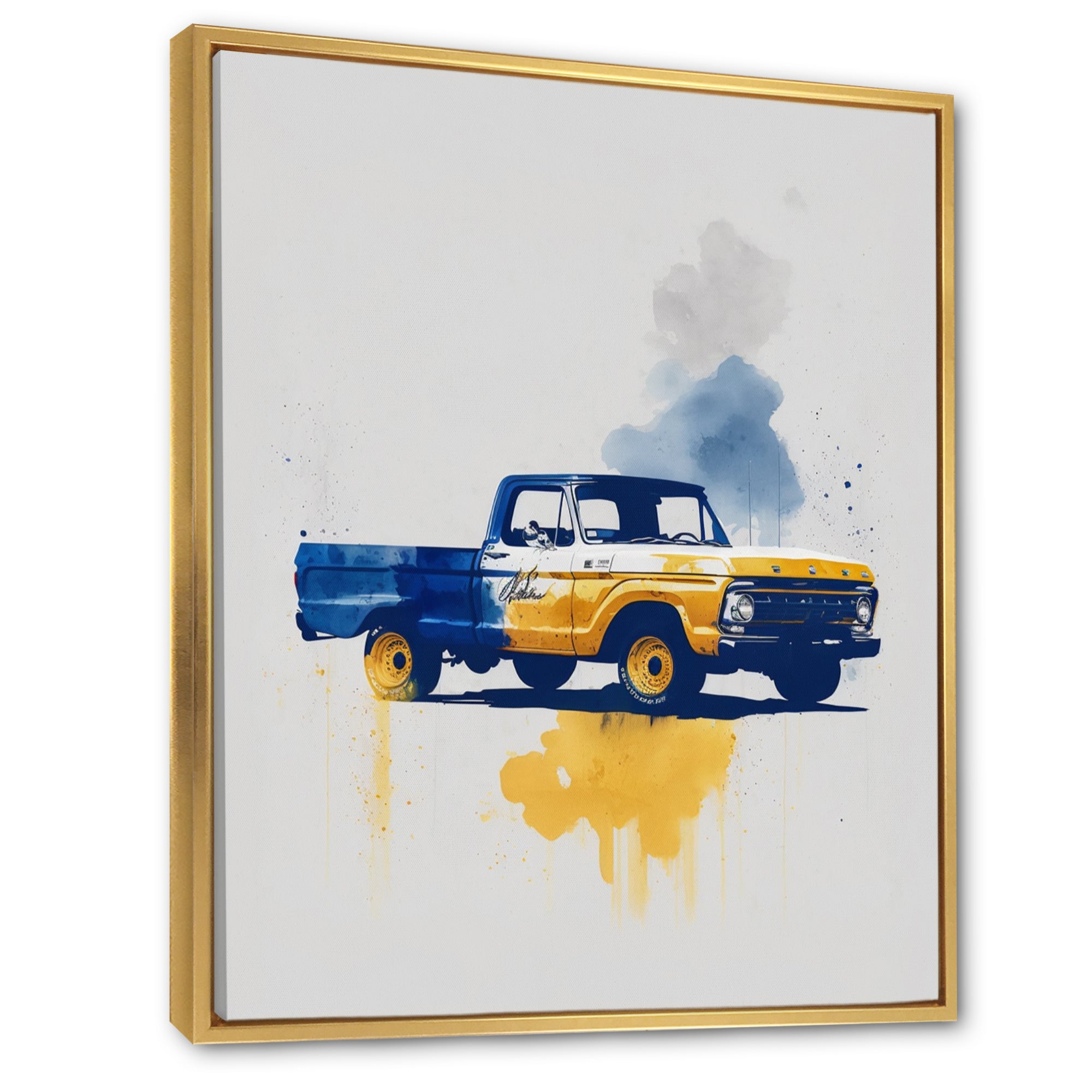 Blue And Yellow Retro Car Treasures - Pickup Truck Canvas Wall Art