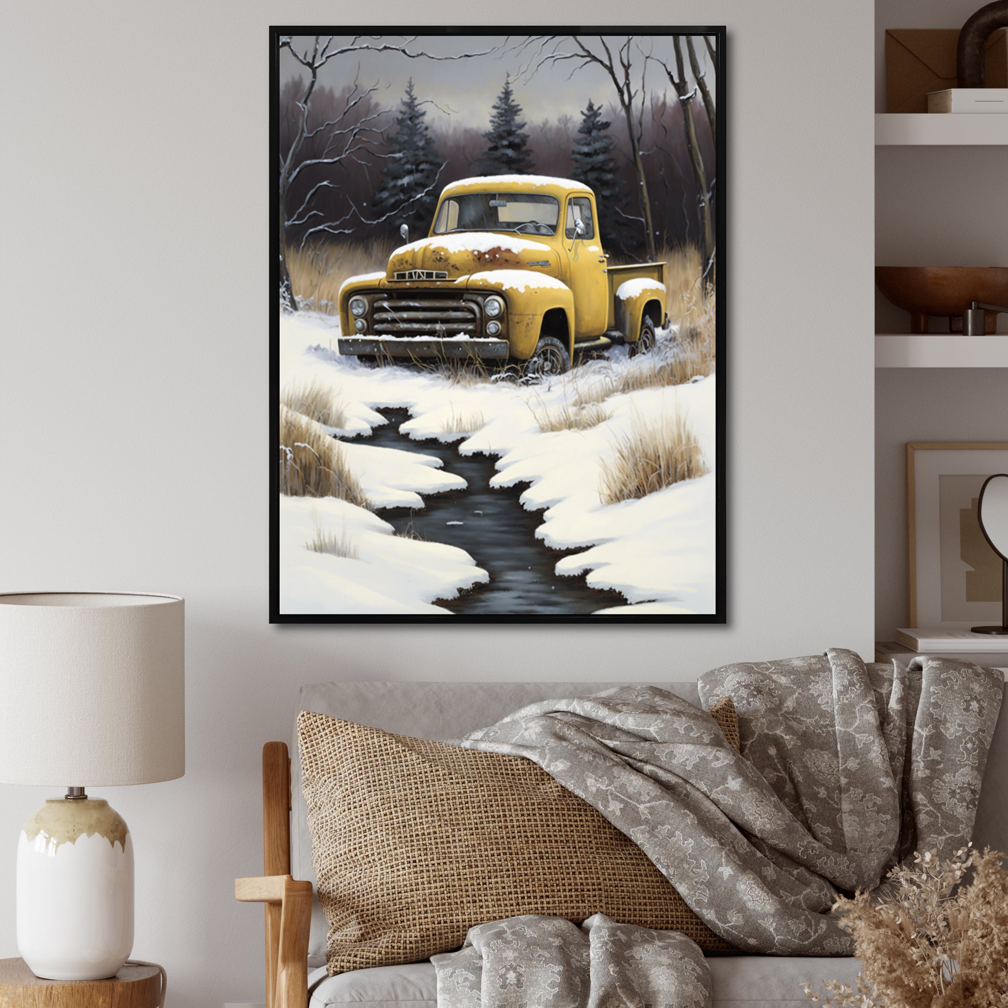 Yellow And Grey pickup truck in winter - Pickup Truck Canvas Wall Art