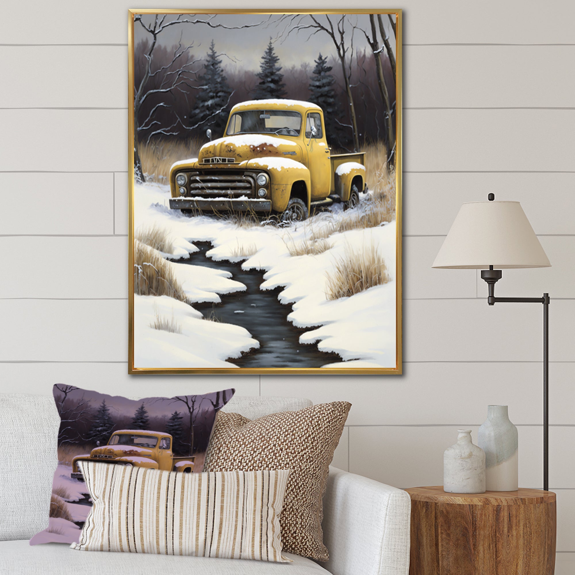 Yellow And Grey pickup truck in winter - Pickup Truck Canvas Wall Art