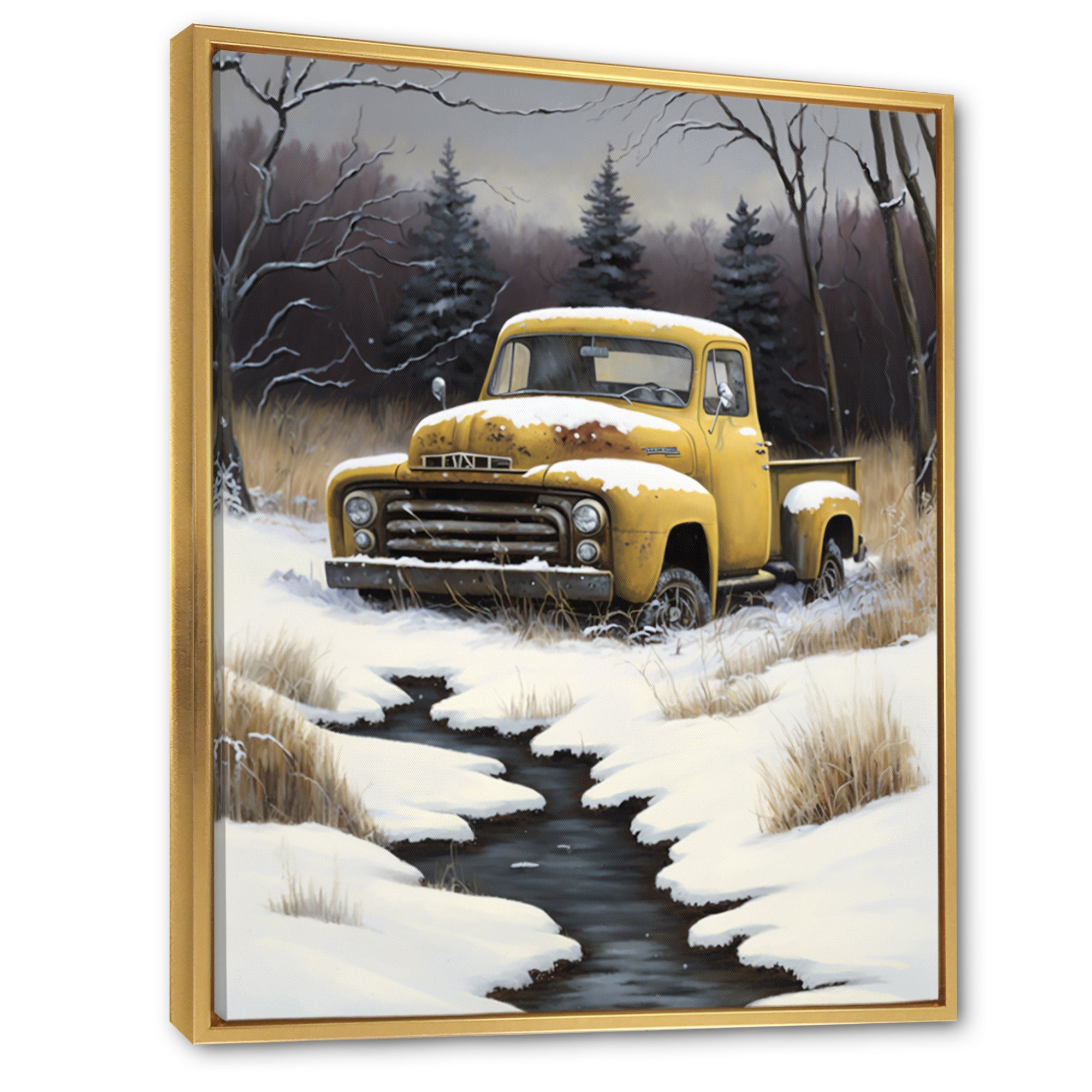 Yellow And Grey pickup truck in winter - Pickup Truck Canvas Wall Art