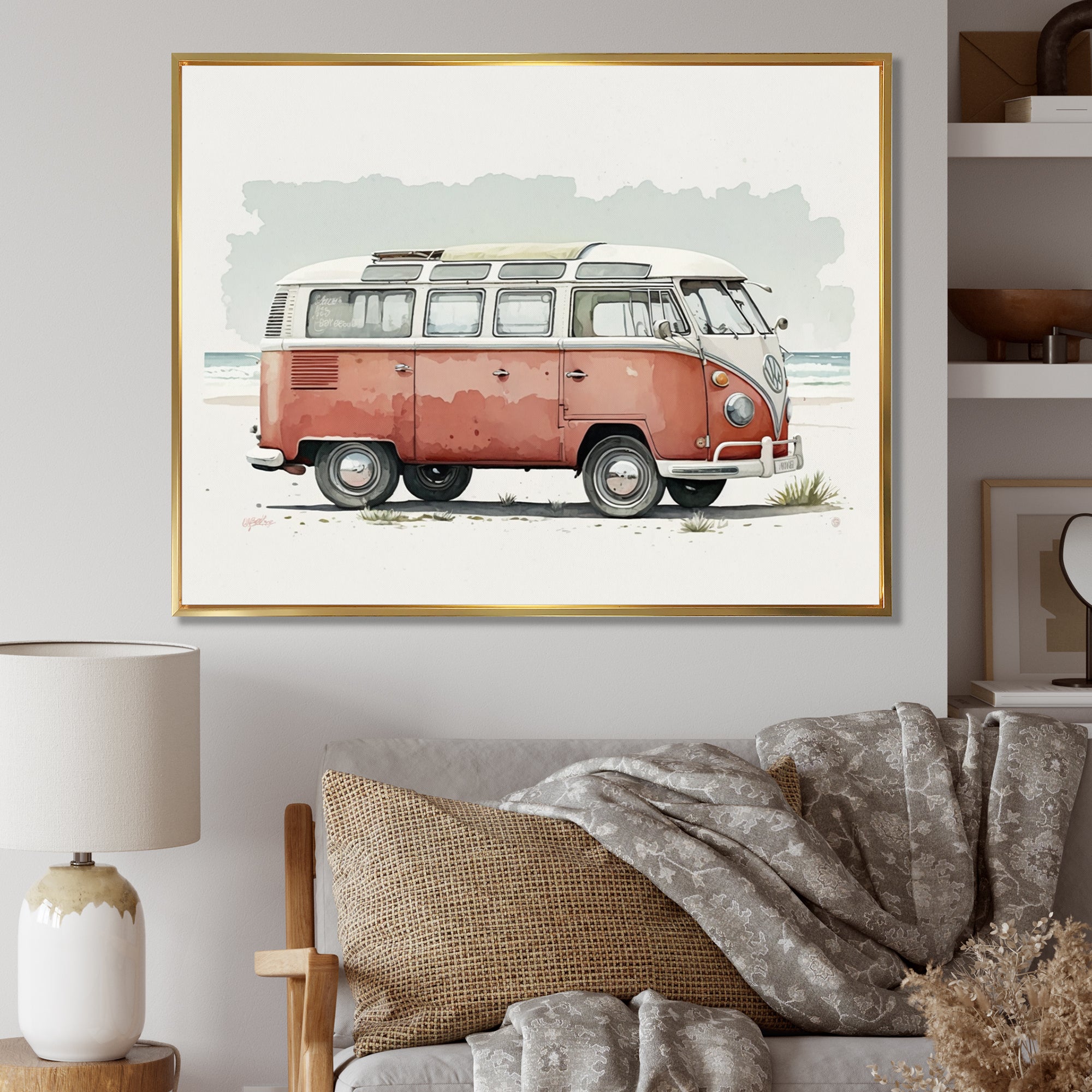 Van On The Beach - Car Van Canvas Wall Art