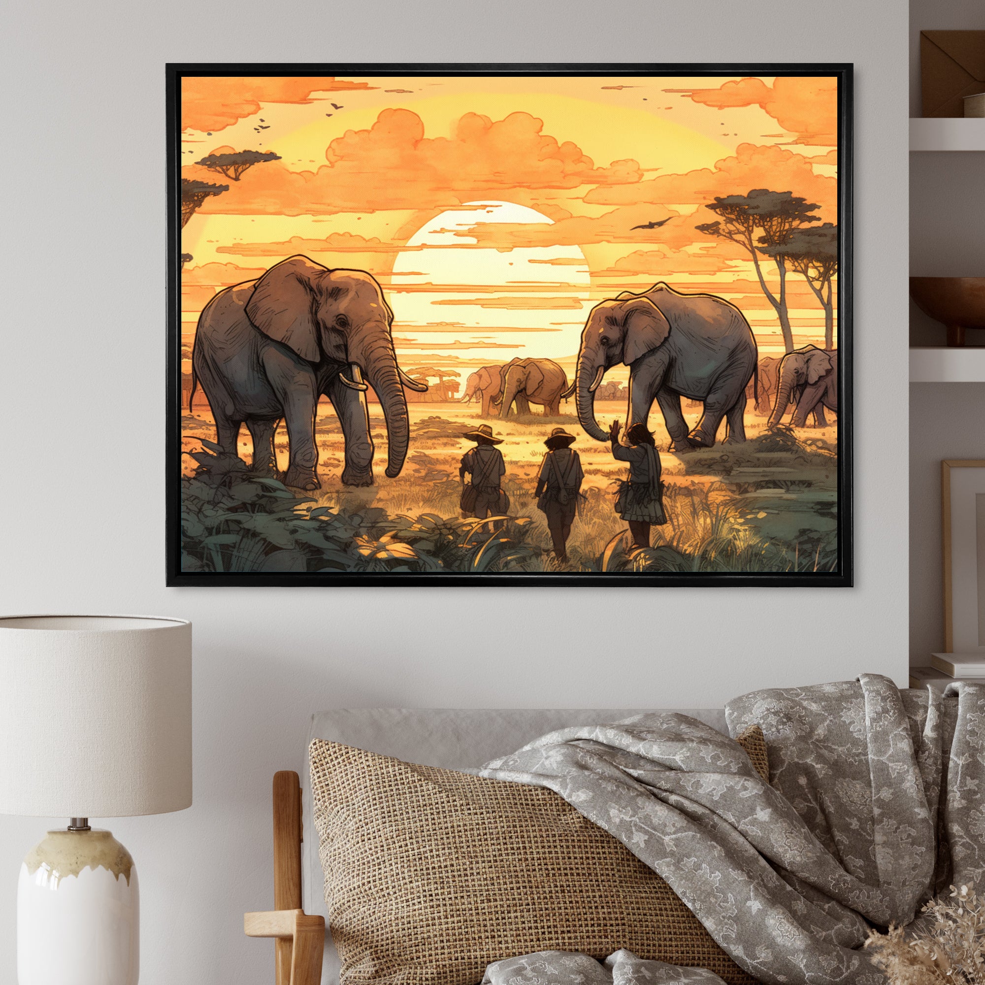 Yellow African Safari With Elephants - Elephant Large Canvas Wall Art