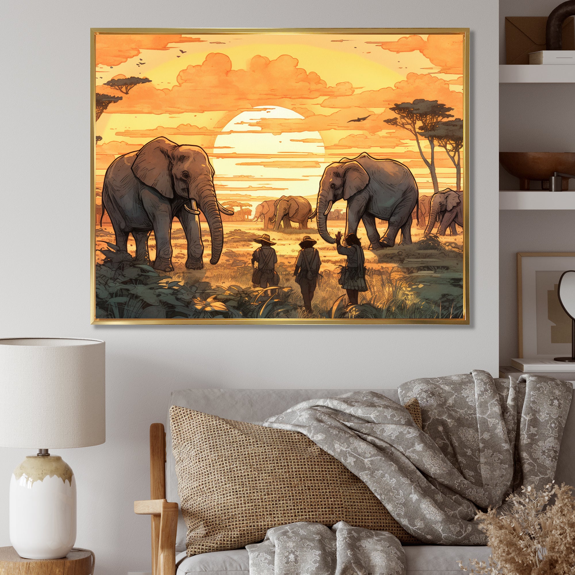 Yellow African Safari With Elephants - Elephant Large Canvas Wall Art