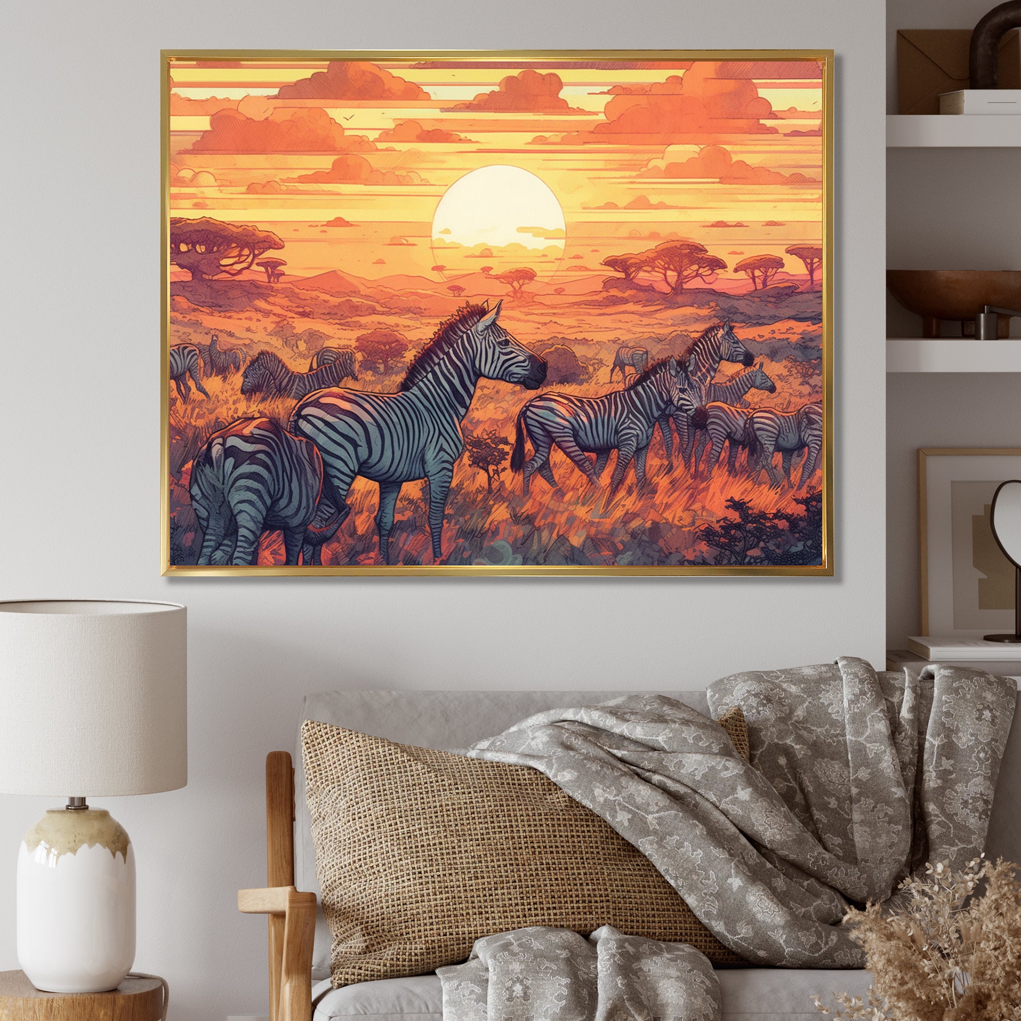 Orange African Safari With Zebras - Zebra Living Room Wall Art