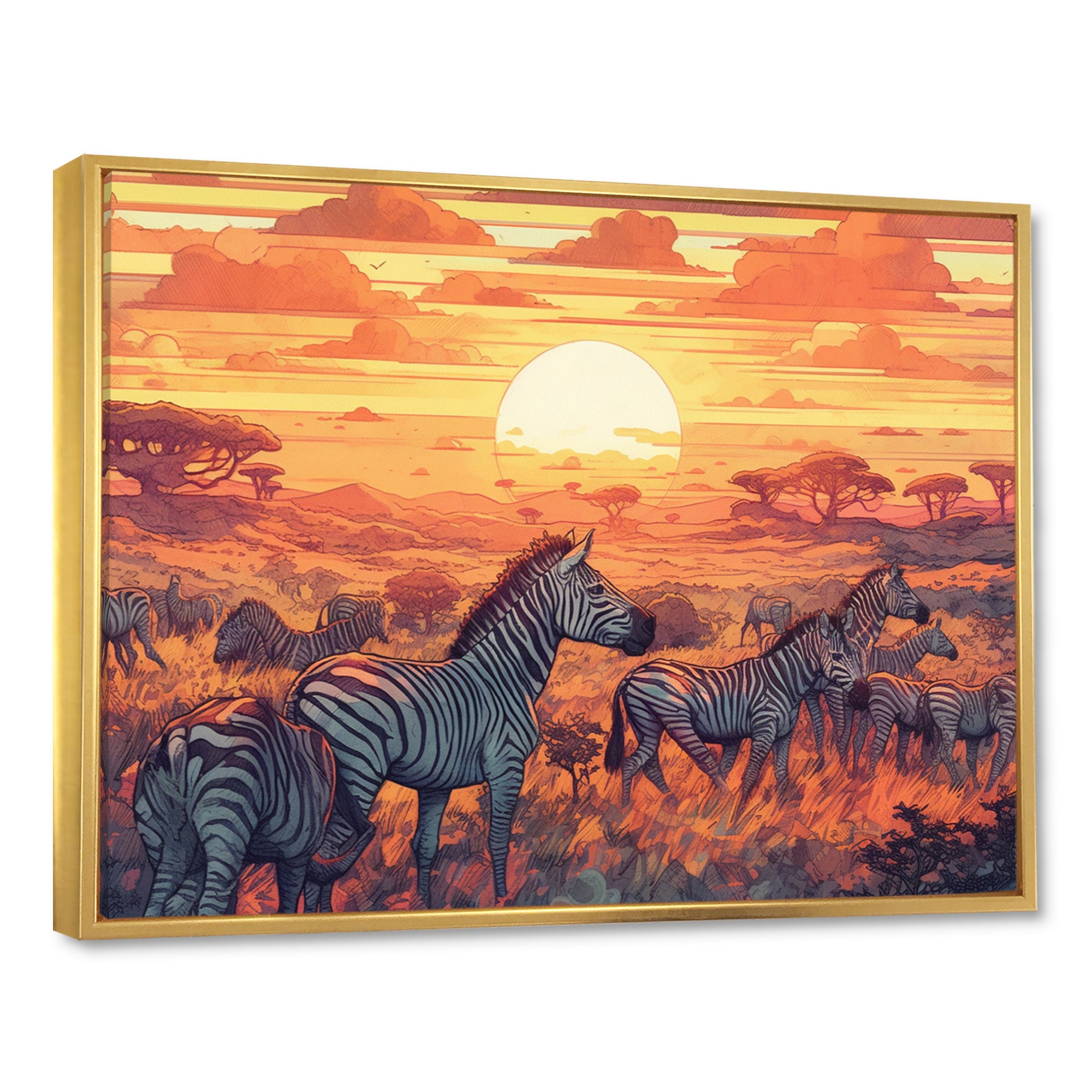 Orange African Safari With Zebras - Zebra Living Room Wall Art