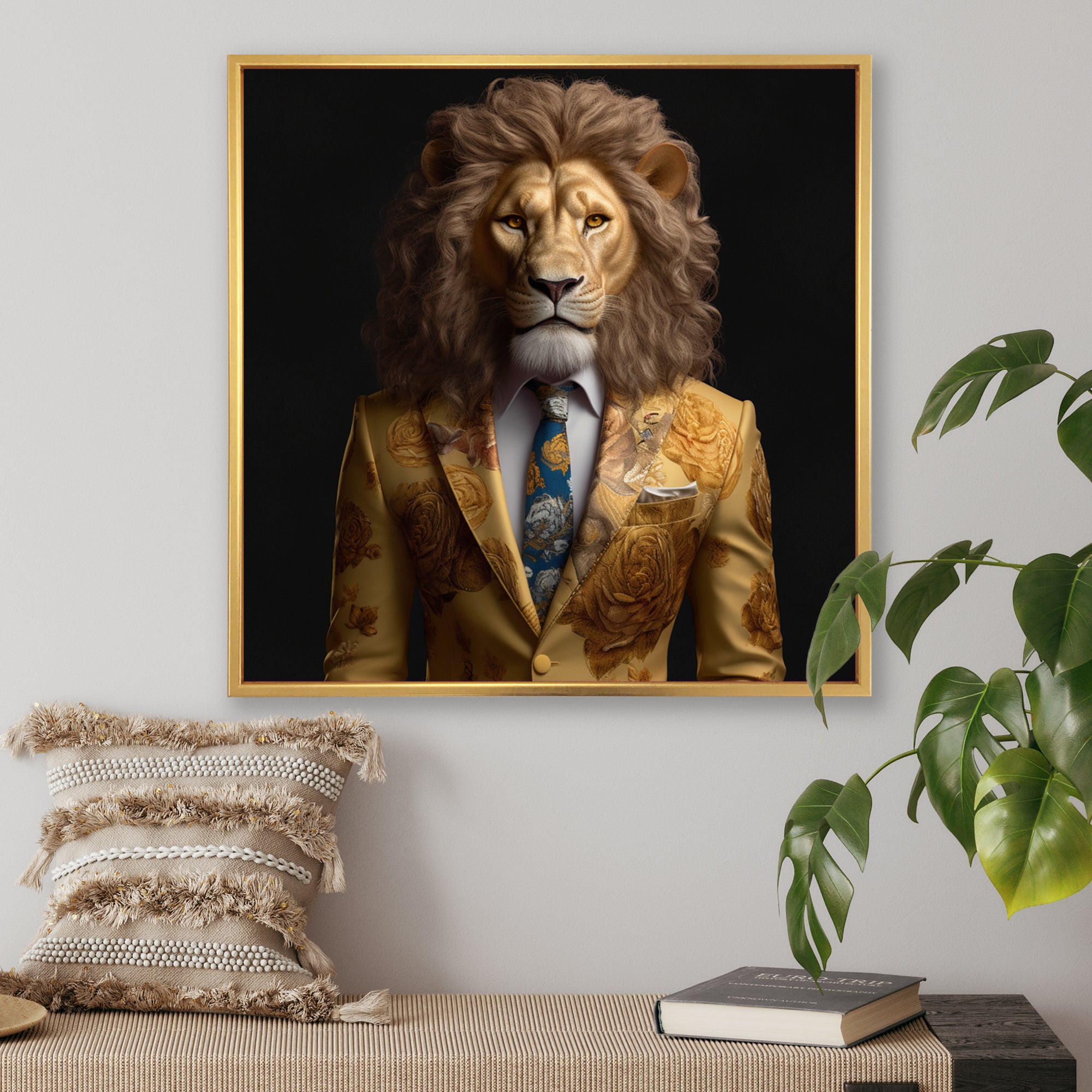 Yellow Lion In Suit - Lion Fashion Canvas Wall Art